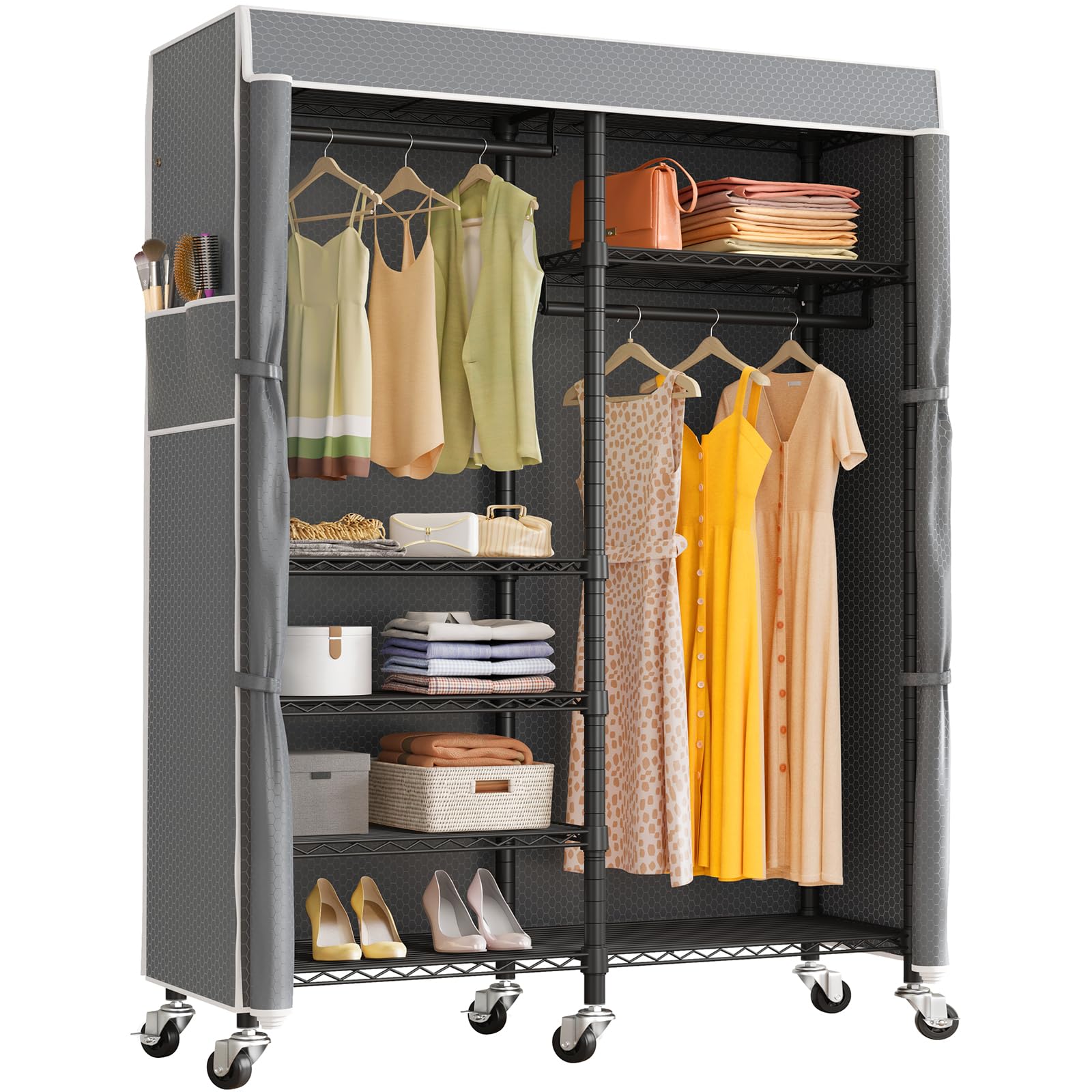 VIPEK R4C 6-Tier Adjustable Heavy Duty Rolling Garment Rack with Lockable Wheels - Black Metal Clothing Rack with Grey Polyester Cover (620lbs Capacity) - Perfect for Retail Stores, Boutiques, Closet Organization & Laundry Room Storage