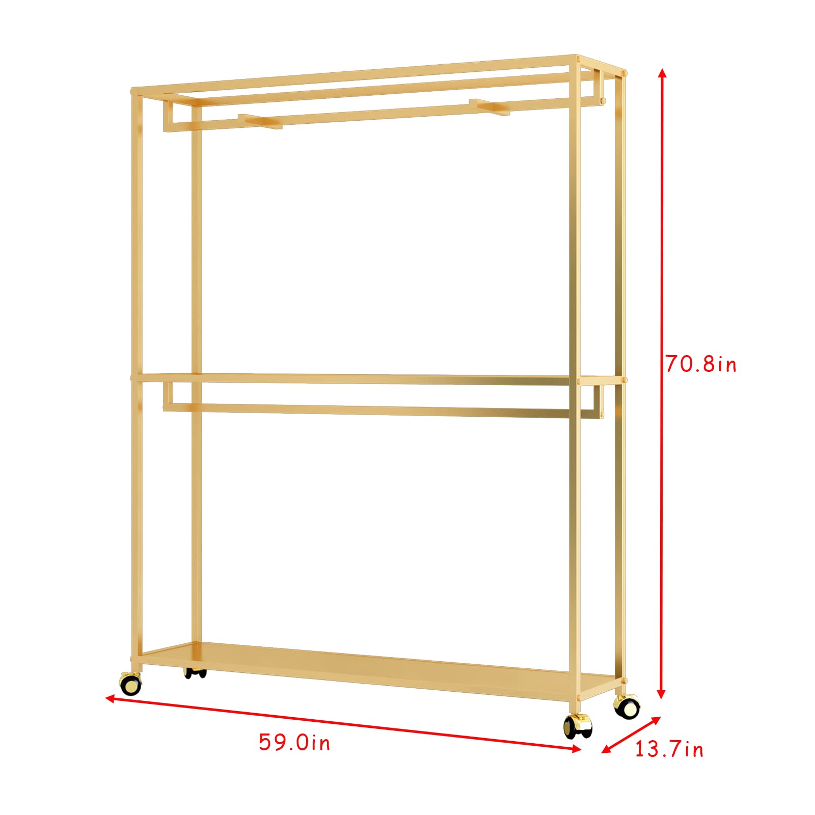 Gold Clothes Rack with Shelves - Heavy Duty Free-Standing Garment Rack for Hanging Clothes, Large Wardrobe Organizer for Boutiques & Home Use - Perfect for Bedroom, Closet, or Retail Store Display