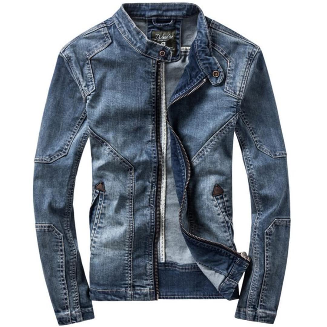 Men's Slim Fit Denim Jacket with Stand-Up Collar - Lightweight Blue Jeans Coat for Spring & Autumn | Casual Outwear for Street Style, Date Night & Outdoor Activities