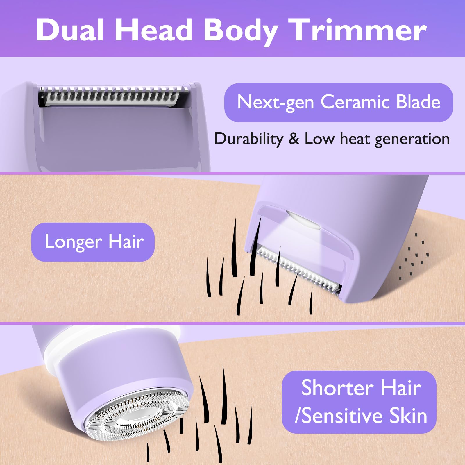 Women's Bikini Trimmer & Body Shaver - Dual Head Electric Razor for Painless Hair Removal, Waterproof Pubic Hair Trimmer for Underarm, Legs, Arms & Face, Rechargeable IPX7 Shaver (Purple) - Perfect for Travel, Gym & Sensitive Skin Care