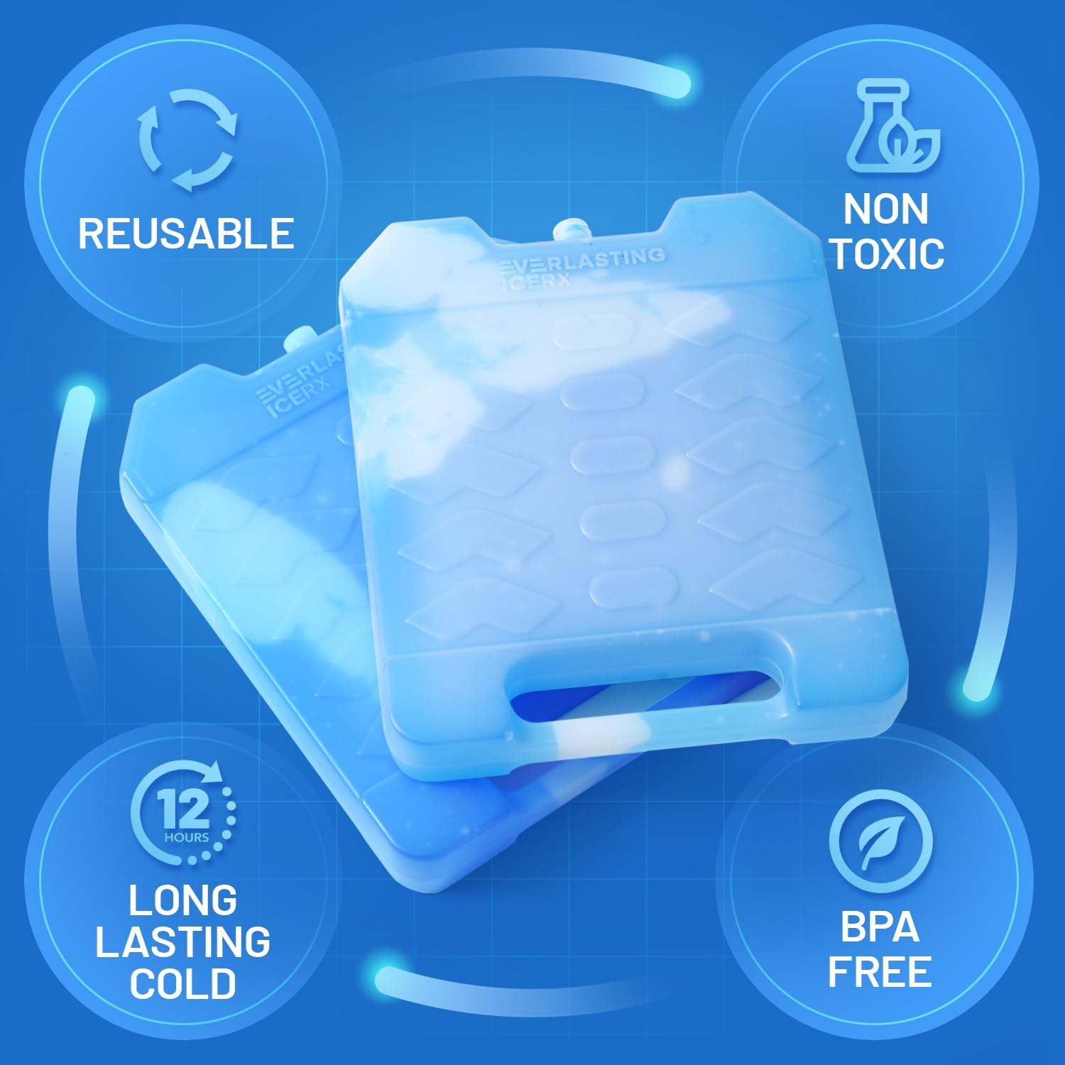Everlasting Ice RX Large Reusable Ice Packs for Coolers (4 Pack) - BPA Free, Long-Lasting Cooling Gel Packs with Handle for Camping, Fishing, Hiking & Beach Trips | Perfect for Picnics, Tailgating, Lunch Boxes & Outdoor Adventures