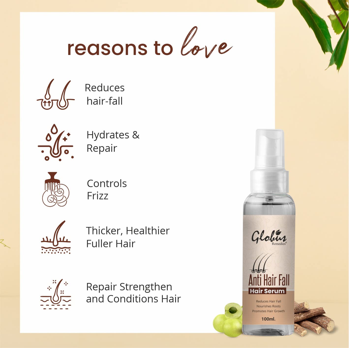 Globus Remedies Anti-Hair Fall Hair Serum - Reduces Frizz, Smooths Rough Ends & Adds Instant Shine - 100ml (Pack of 2) - Perfect for Damaged, Dry Hair & Daily Hair Care Routine