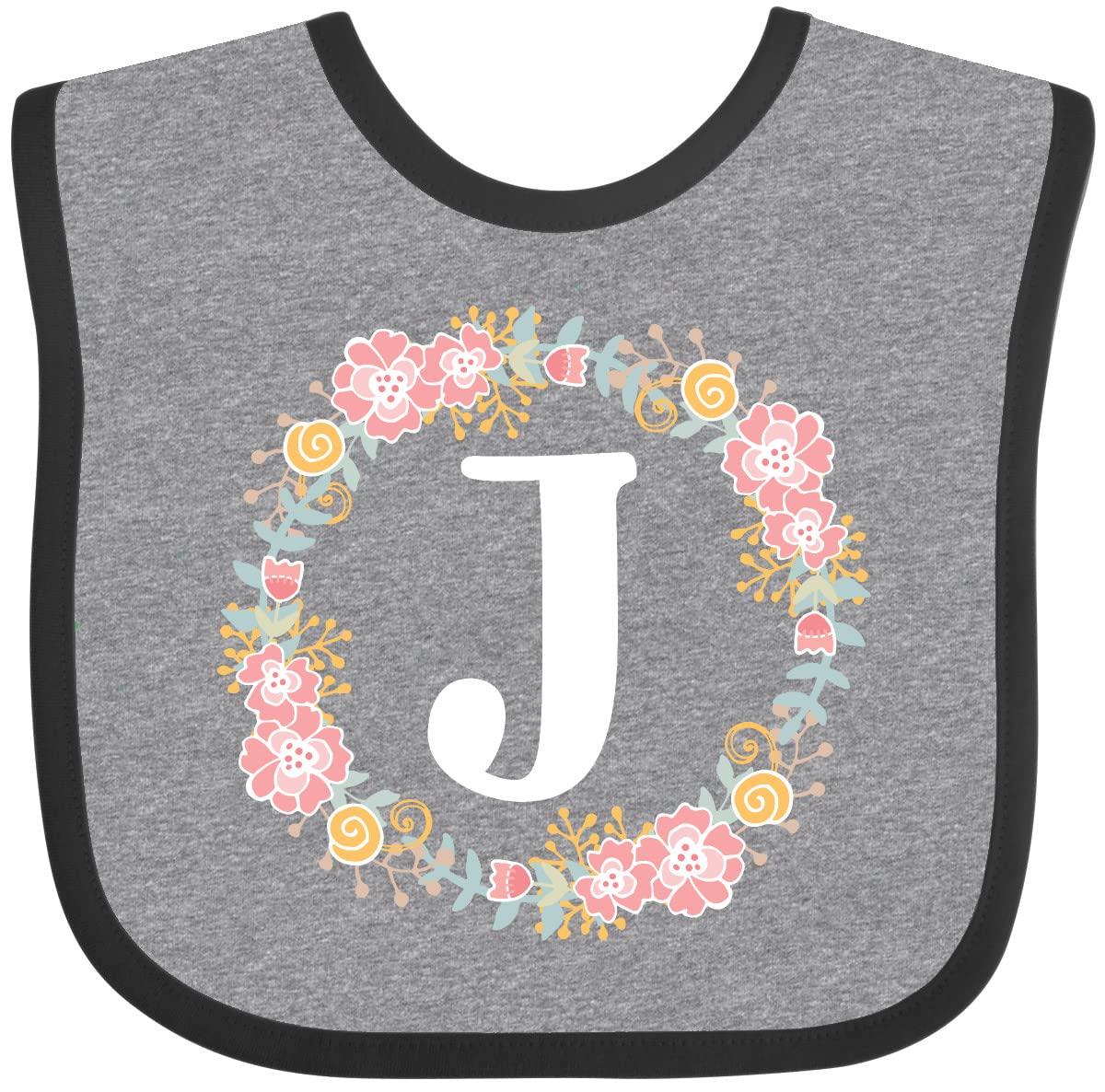 Inktastic Monogram Letter J Floral Rose Wreath Baby Bib - Soft Cotton Drool Bib for Infants, Personalized Gift for Newborns & Baby Showers - Perfect for Feeding, Teething & Photo Shoots