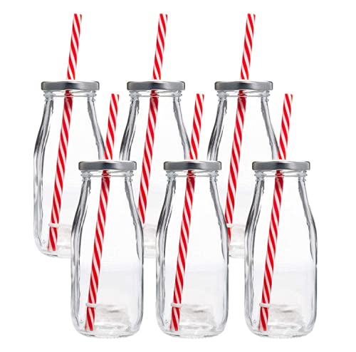 **6-Pack 10.5 oz Clear Reusable Glass Milk Bottles with Straws & Metal Screw Lids – Eco-Friendly Dairy Storage for Kids, Smoothies, Coffee & Meal Prep**