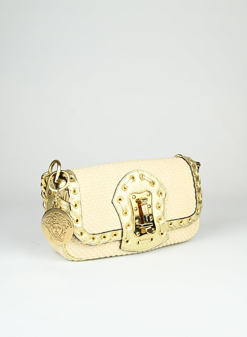Versace Shoulder Bag in Cream Knit - Elegant Designer Handbag for Women, Perfect for Parties, Work & Everyday Use