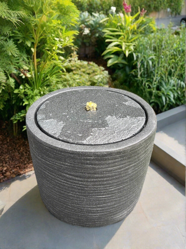 Solar Powered Round LED Water Fountain with Dark Grey Finish - 36x36x28cm Outdoor Garden Decor for Patio, Yard & Landscape Design