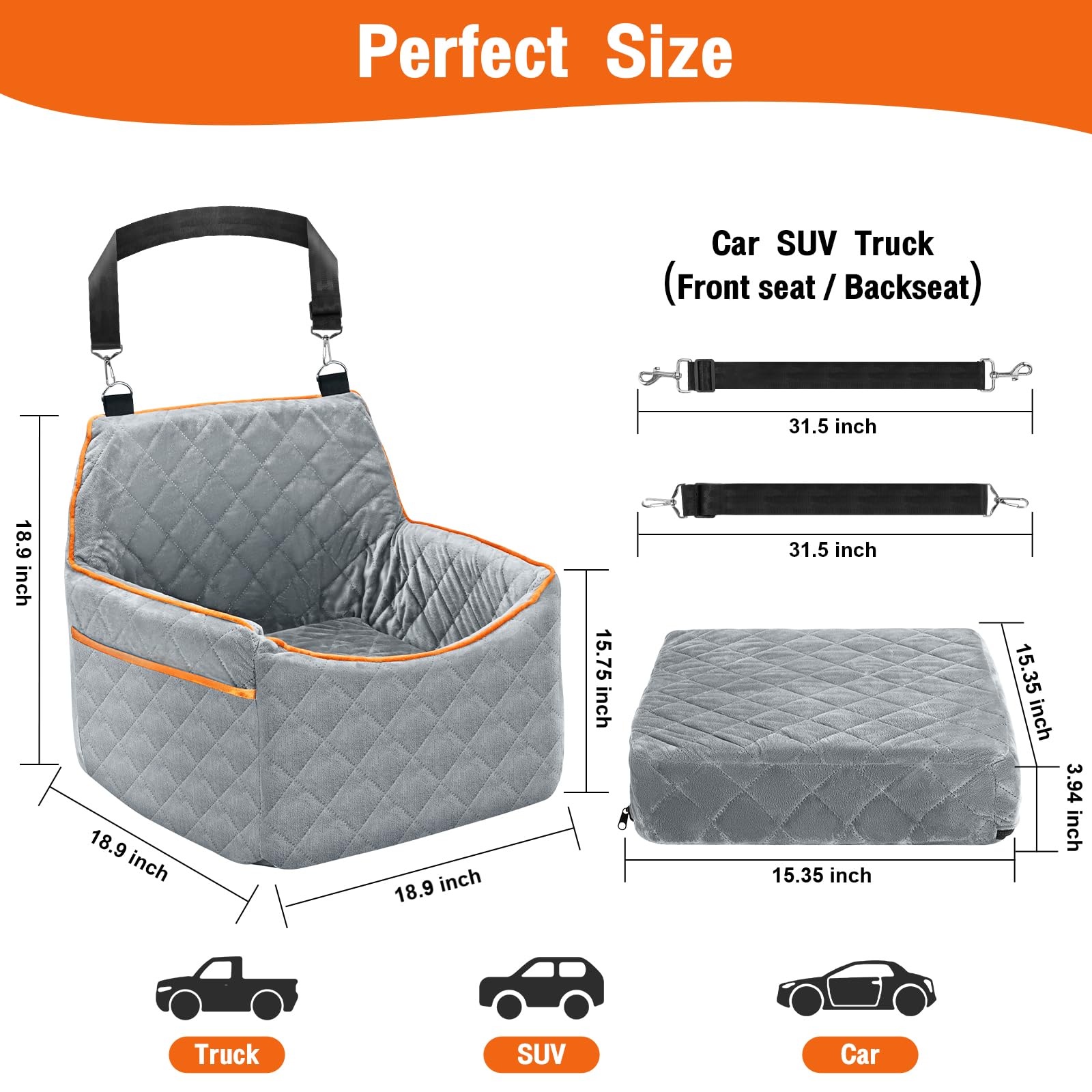 **Premium Dog Car Seat for Small & Medium Dogs - Washable Pet Booster Seat with Removable Thick Cushion, Storage Pockets & Safety Belt - Supports Up to 30lbs - Perfect for Road Trips, Travel & Daily Commutes**