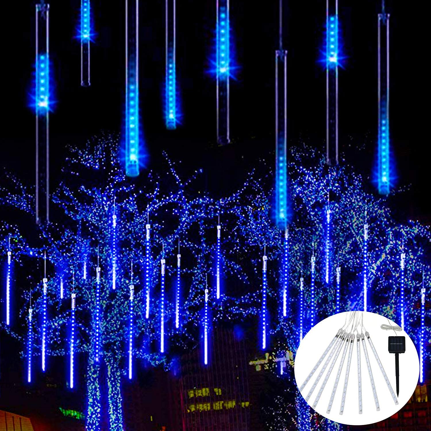JMEXSUSS 30cm 8 Tube 144 LED Solar Meteor Shower Lights Outdoor - Blue Falling Rain Lights for Yard, Garden, Party, Patio & Christmas Decoration | Weatherproof Solar Tree Lights for Landscape, Pathway & Holiday Lighting