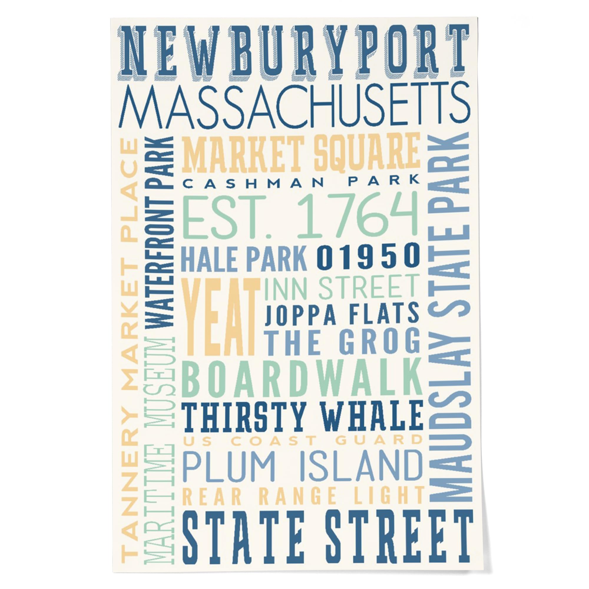 Lantern Press 24x36 Inch Giclee Art Print - Newburyport Massachusetts Typography Wall Decor - Perfect for Living Room, Bedroom & Office Decor