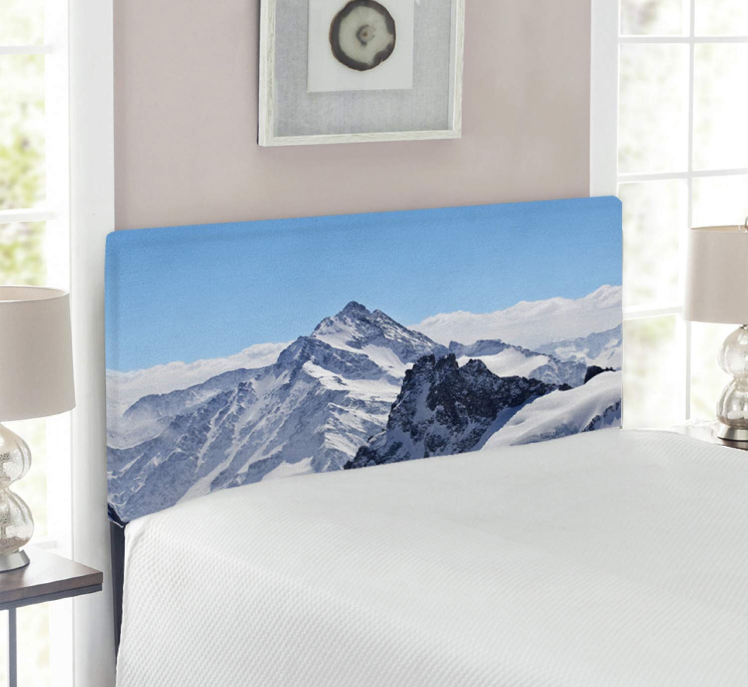 Ambesonne Winter Headboard - Snowy Rocky Mountain Peaks Landscape Design, Icy Swiss Alps Outdoor Art, Upholstered Metal Bed Headboard with Memory Foam, Twin Size, Blue and White - Perfect for Cozy Bedroom Decor & Winter-Themed Interior Design