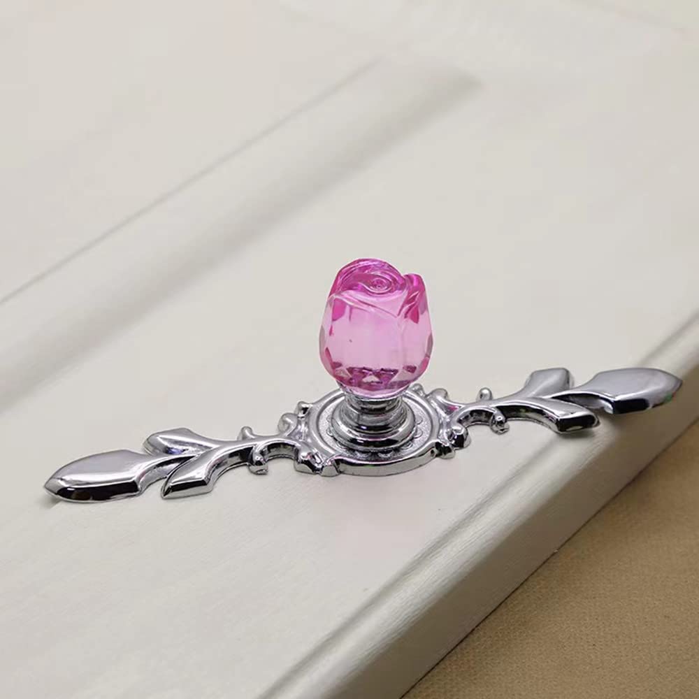 4 Pack Rose Flower Clear Crystal Glass Drawer Knobs with Plates & Screws - Small Pink Cabinet Pull Handles for Dresser, Cupboard, Kitchen & Office Decoration | Elegant Home Upgrade & DIY Furniture Makeover