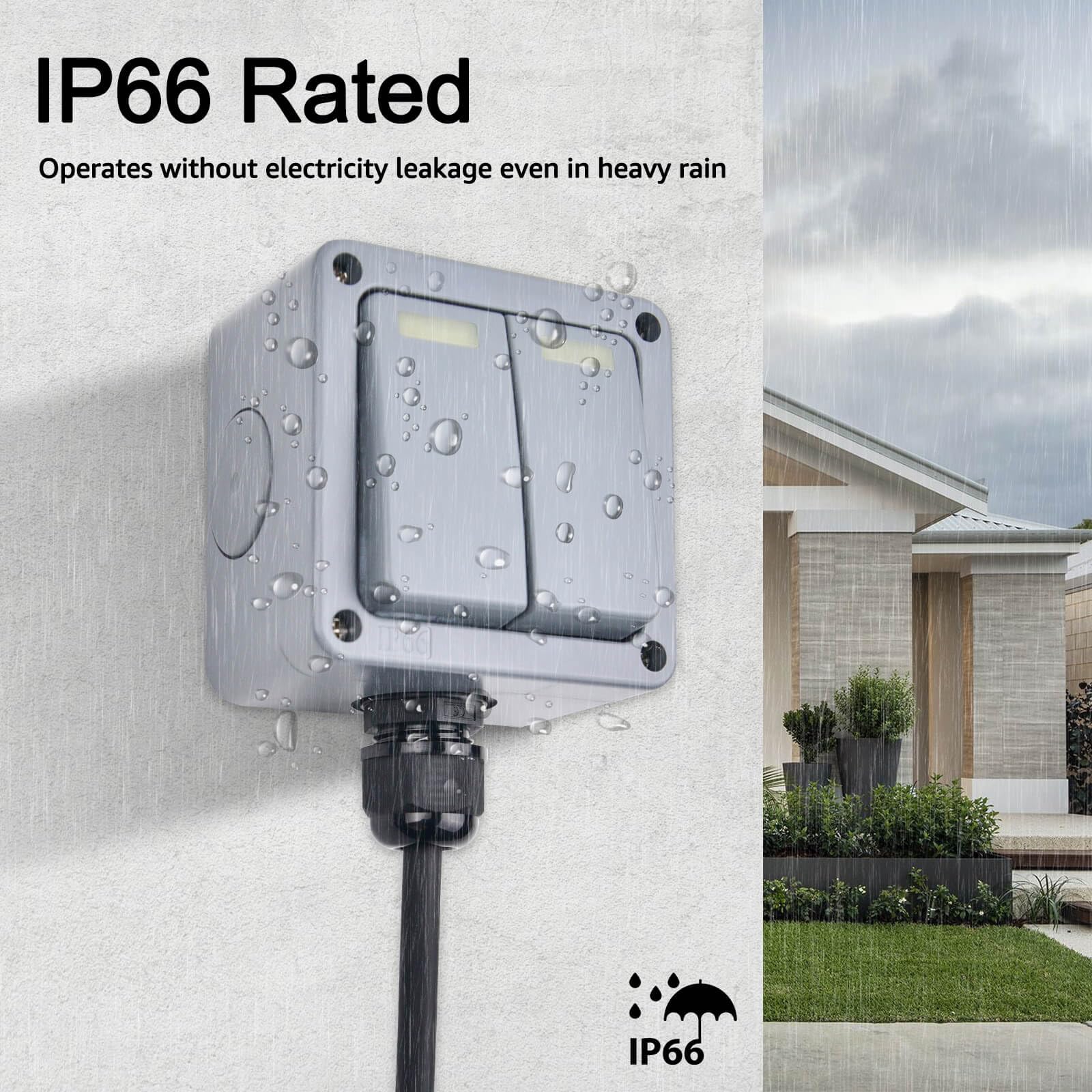 Waterproof Outdoor Light Switch - IP66 Rated 2 Gang 2 Way Dual SPDT Electrical Switch (82x82x51mm) - 10A 110-250V for Garden, Pool & Patio - Weatherproof Electrical Control for Outdoor Lighting, Water Features & Landscape Areas