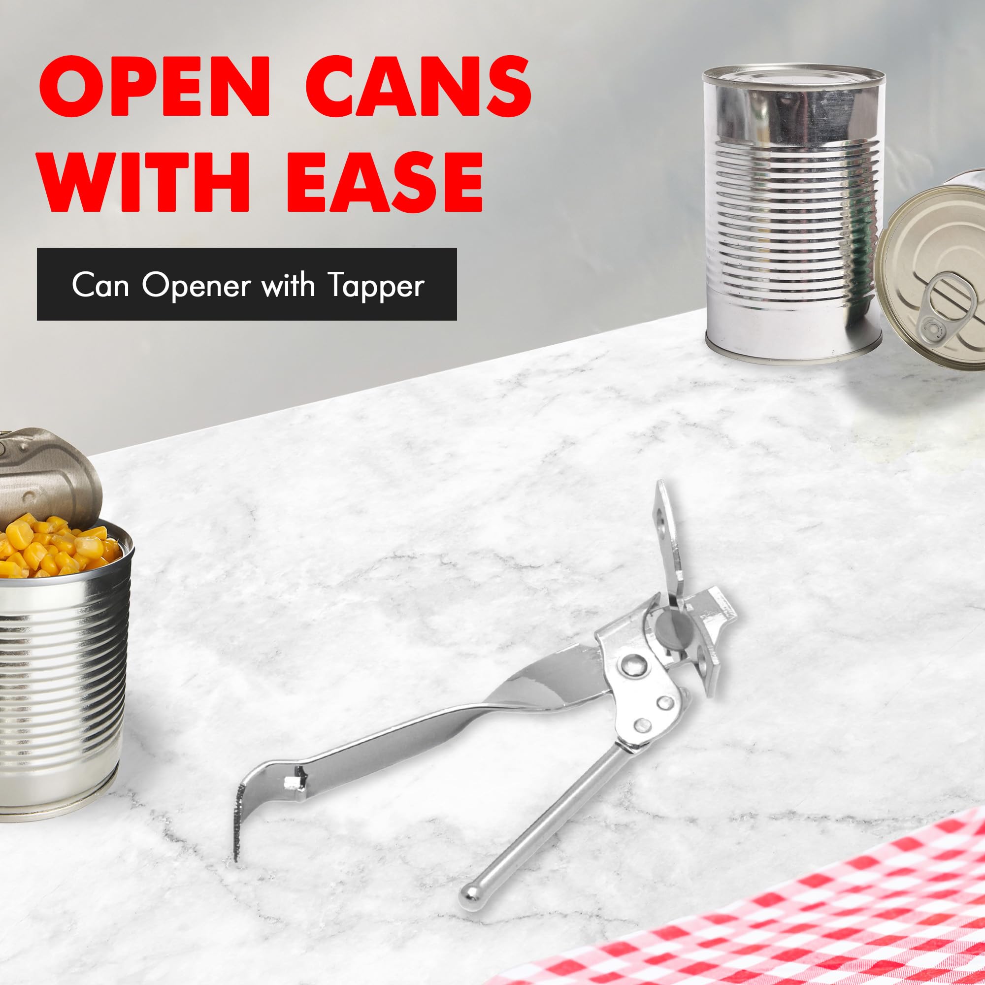 Premium Chef Craft Select Can Opener with Tapper - 6.5 Inch Ergonomic Design, Durable Nickel Plated - Perfect for Kitchen, Camping & Emergency Preparedness