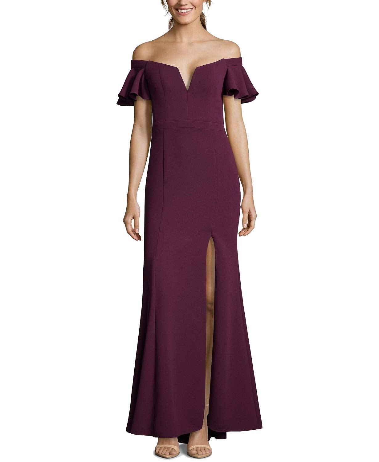 Xscape Women's Off-The-Shoulder Ruffled Evening Dress - Elegant Purple Gown for Prom, Cocktail Party & Formal Occasions