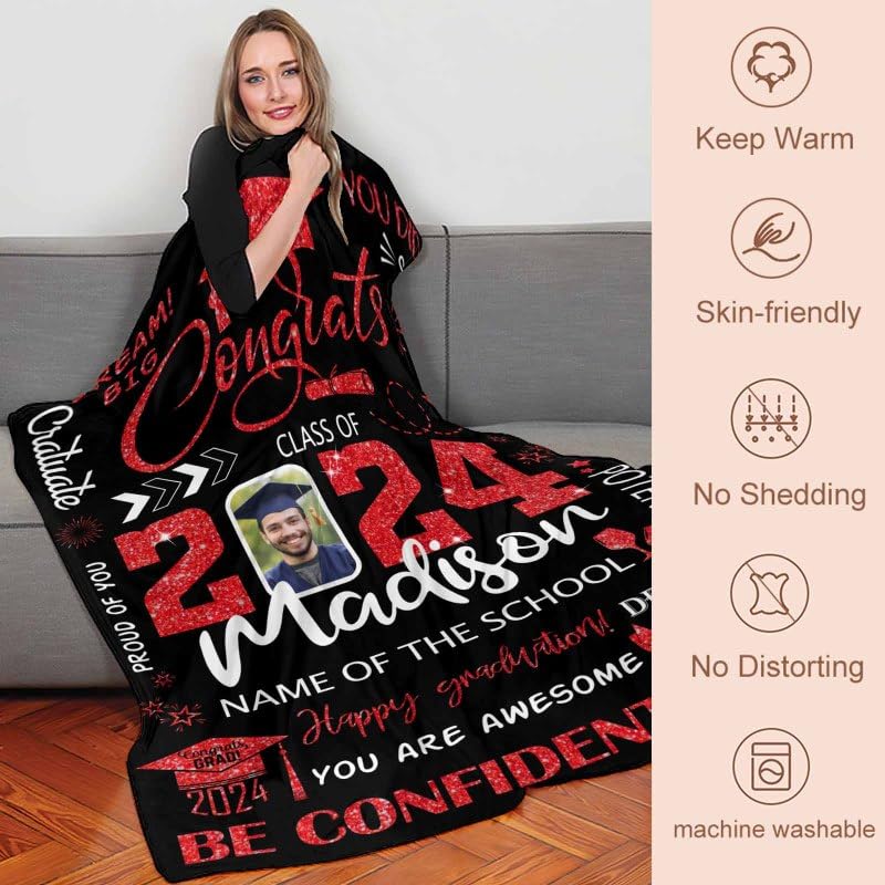 YESCUSTOM Personalized Graduation 2025 Photo Blanket - Custom Name & Text Throw Blanket with Big Dream Design - Perfect Graduation Gift for Son, Daughter, High School & College Students - Great for Dorm Rooms, Home Decor & Commemorative Keepsakes
