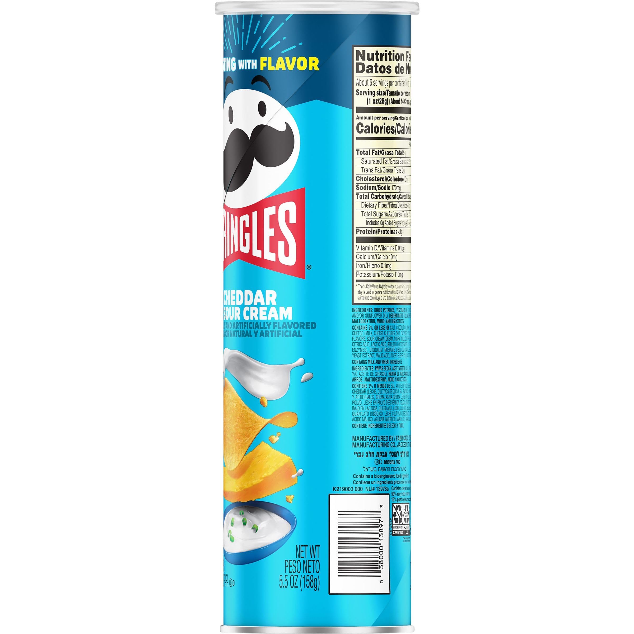 Pringles Cheddar & Sour Cream Potato Crisps - 5.5oz Can, Crunchy Snack for Lunch, Travel & On-The-Go | Perfect for Office, School & Road Trips