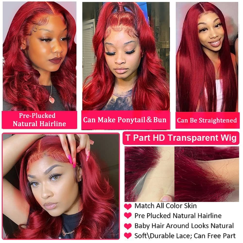 28Inch 180% Density 99J Burgundy Human Hair Lace Front Wig - Bleached Knots, Body Wave, 13x4x1 T-Part Lace, Pre-Plucked Natural Hairline | Perfect for Cosplay, Daily Wear & Special Occasions