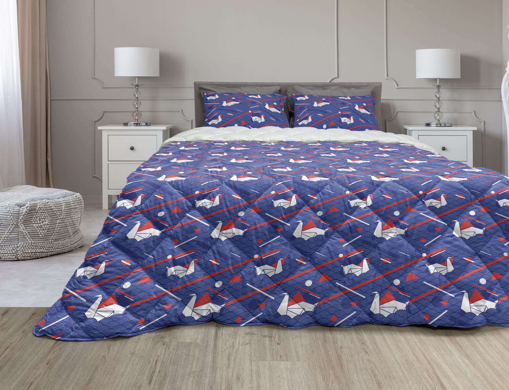 Ambesonne Japanese Minimalist Waves Comforter Set - 3 Piece Queen Size Duvet Cover with Microfiber Filling | Origami Swans & Seigaiha Wave Design in Vermilion & Persian Blue | Perfect for Coastal, Zen or Modern Bedroom Decor