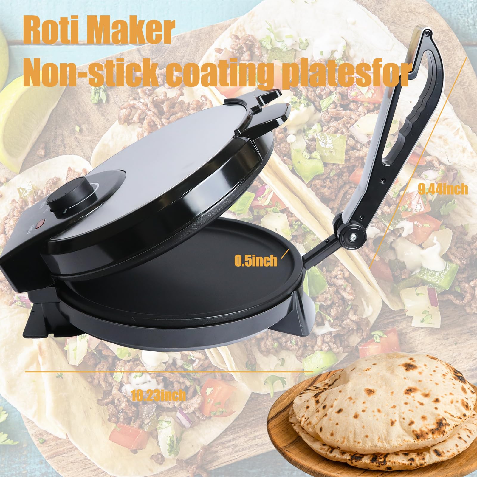 Electric Roti Maker Machine - 10 Inch Non-Stick Tortilla Press with Adjustable Temperature & Removable Handle - Perfect for Making Roti, Chapati, Tortillas at Home or Restaurant