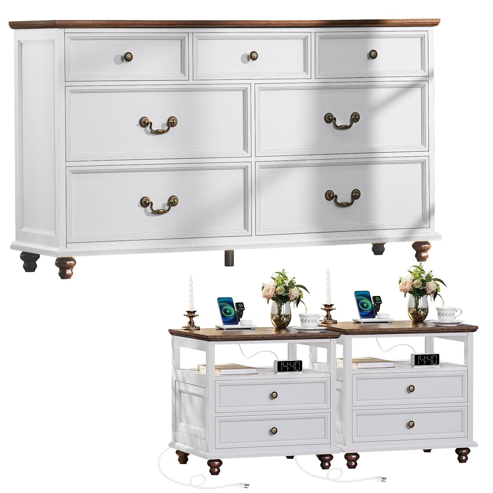 Farmhouse Style Nightstands Set of 2 with Charging Station & 7-Drawer Wood Dresser - 54