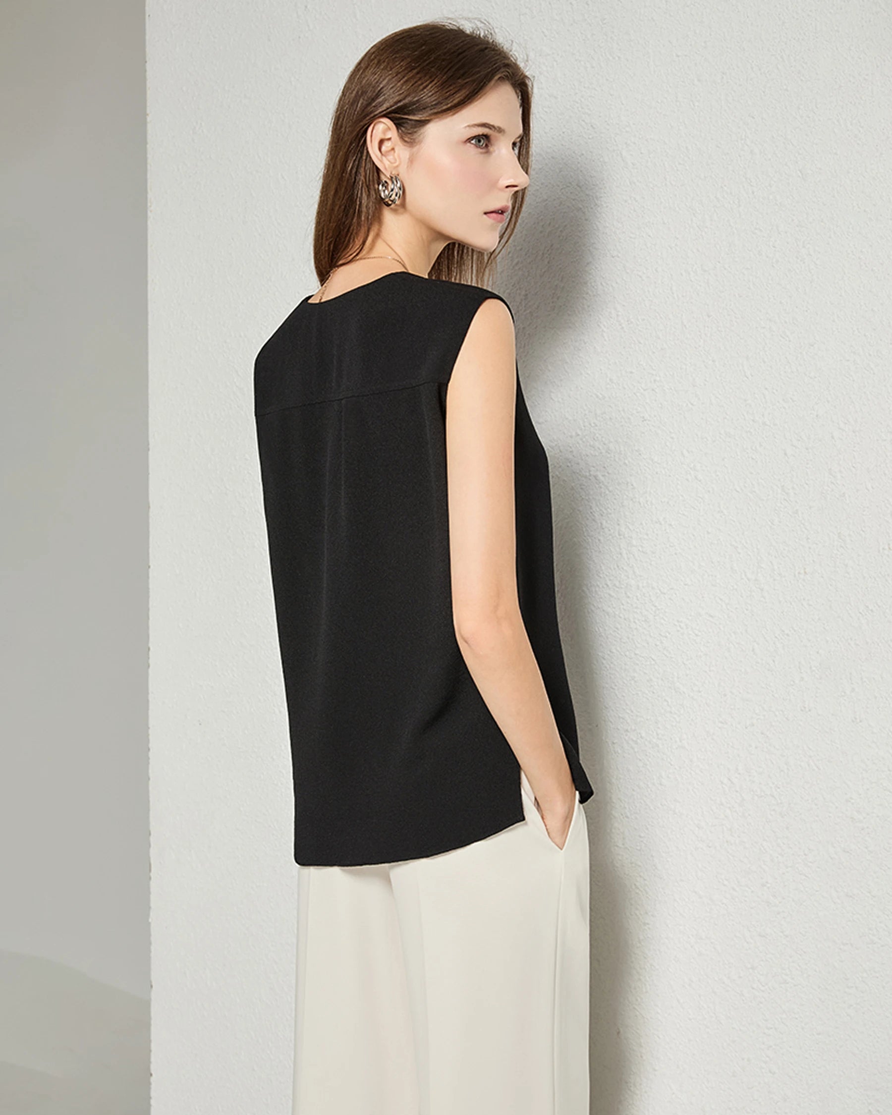 Split V-Neck Sleeveless Silk Blouse for Women - Elegant Summer Casual & Evening Wear - Perfect for Office, Date Night & Special Occasions