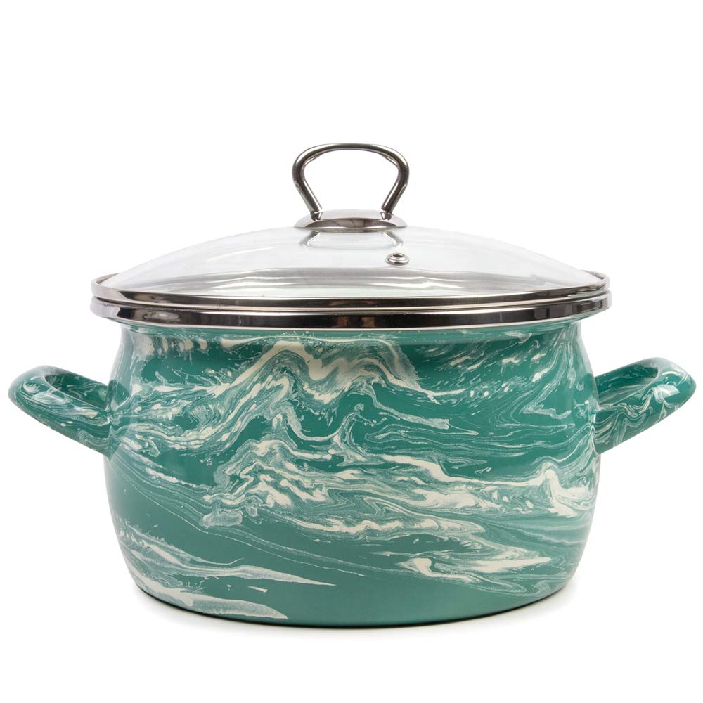 Turquoise and White Enamel Stock Pot with Glass Lid - 4.2 Quart (4L) Enamelware Cooking Pot for Soups, Stews & Pasta - Perfect for Stovetop, Oven & Camping Use