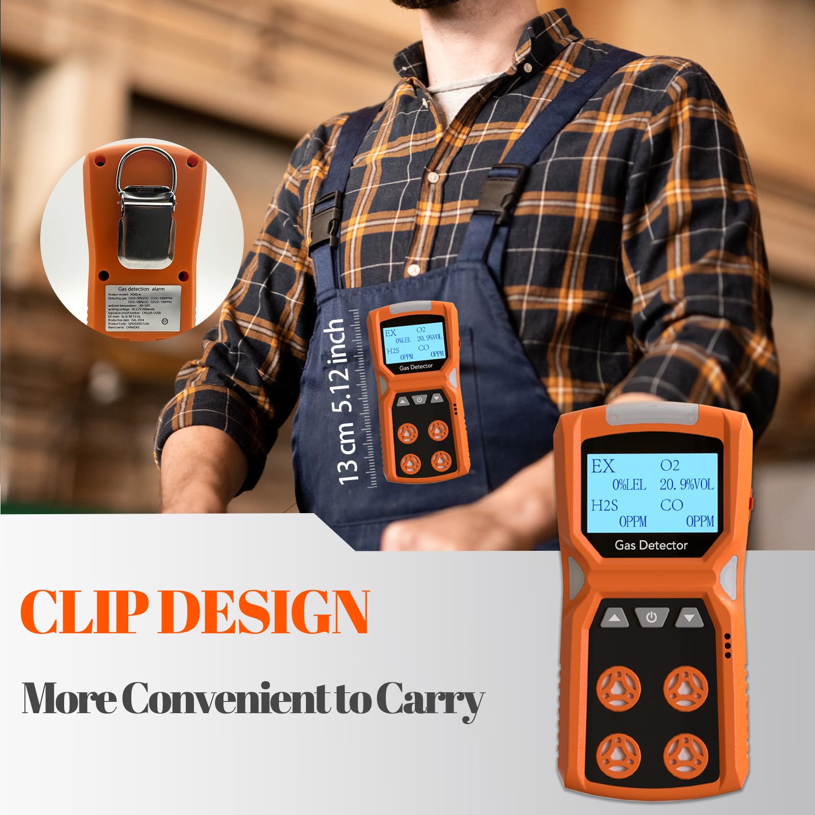 4-in-1 Portable Gas Detector for CO, H2S, O2 & LEL Monitoring with Vibration, Visual & Audible Alarms | 18-Hour Rechargeable Battery | Home, Workplace & Industrial Safety Device for Confined Spaces, Construction Sites & Oil Rig Safety
