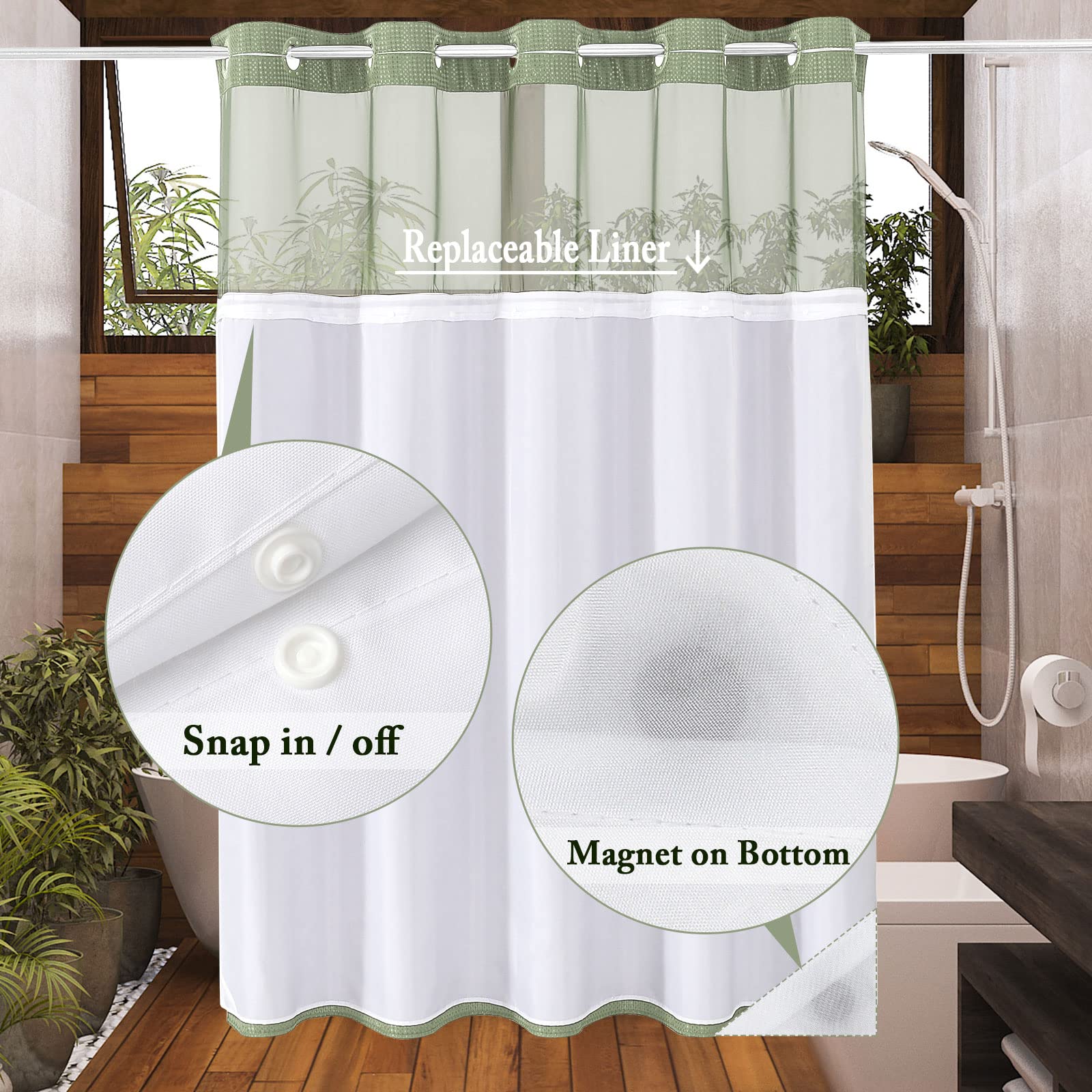 Gibelle No Hook Waffle Weave Shower Curtain with Snap-in Fabric Liner Set - Waterproof & Washable Bathroom Shower Curtain with Mesh Top Window, Hotel Style, Sage Green, 72x74 - Perfect for Bathrooms, Guest Rooms & Spa Retreats