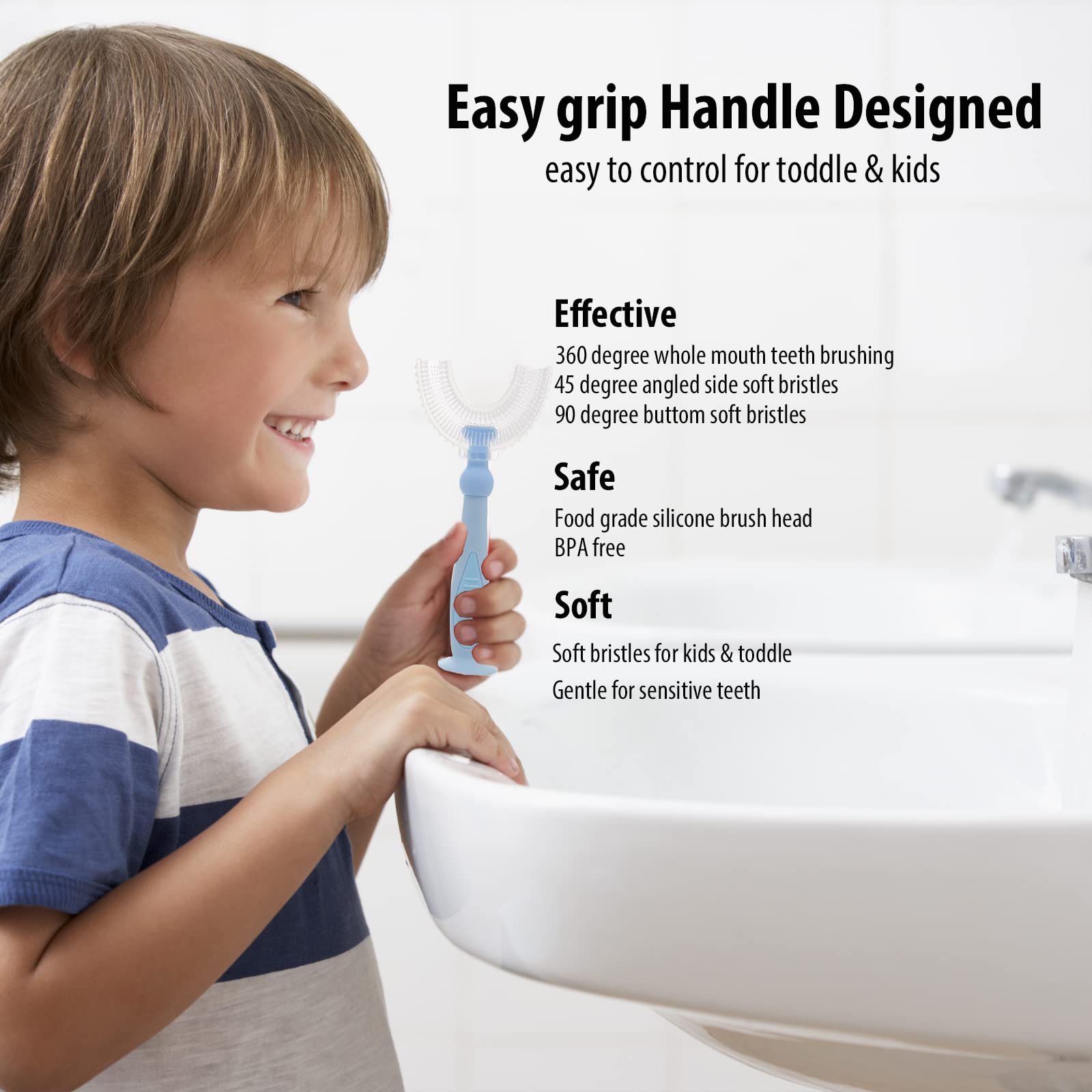 Kids U-Shaped Toothbrush - Soft Silicone Heads 3-Pack for Ages 6-12 | Easy Whole Mouth Cleaning at Home & Travel