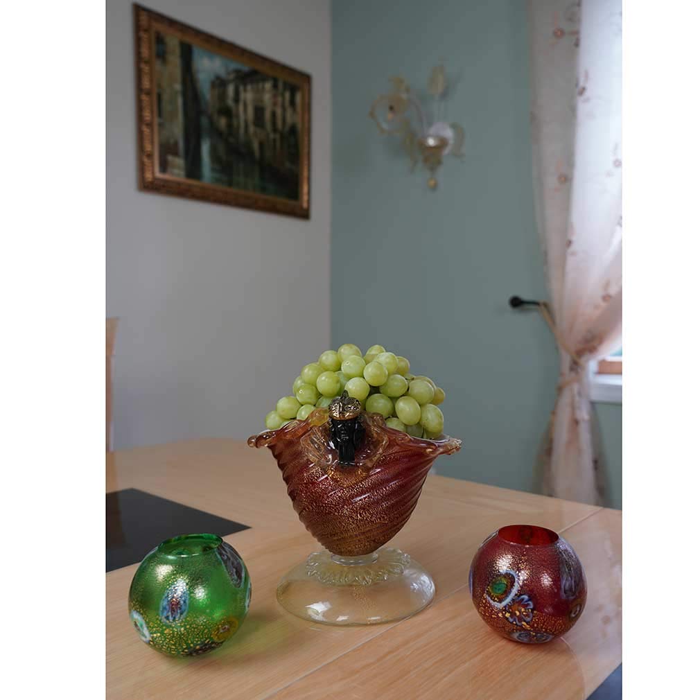 Venetian Murano Glass Millefiori Votive Candle Holder - Handcrafted Green Art Glass for Home Decor, Wedding Centerpieces & Gift Giving