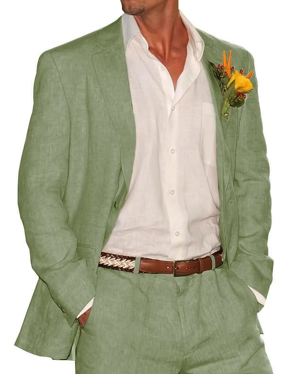 Men's Slim Fit Linen Suit 2-Piece Set - Summer Wedding Groomsmen Attire, Casual Linen Blazer for Prom & Parties (Big & Tall Sizes) - Perfect for Beach Weddings, Outdoor Events & Summer Business Casual