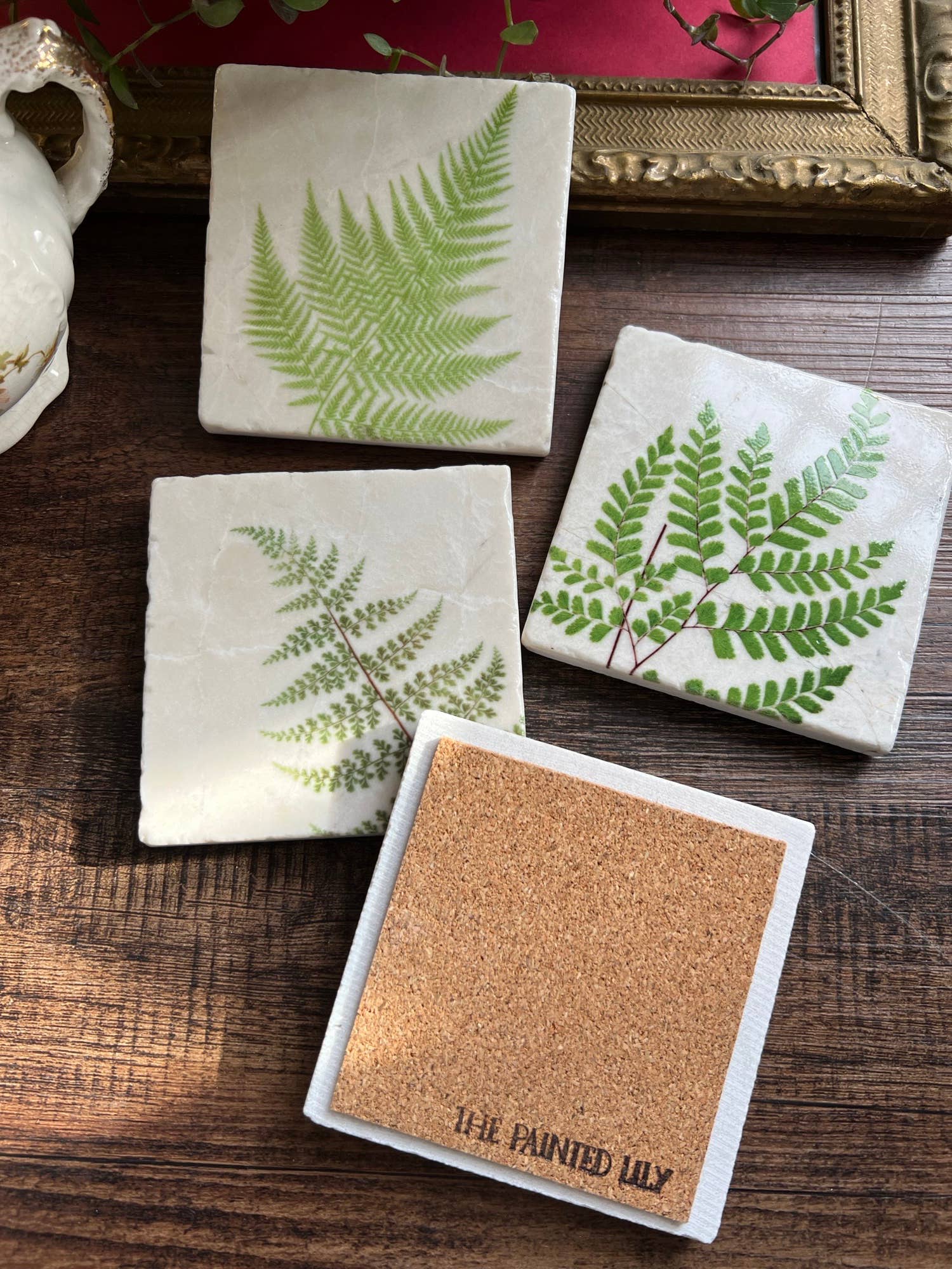 Natural Ferns Stone Coasters Set of 4 - Elegant & Durable Drink Coasters for Home, Office, or Outdoor Use - Perfect for Coffee Tables, Bars, and Patios