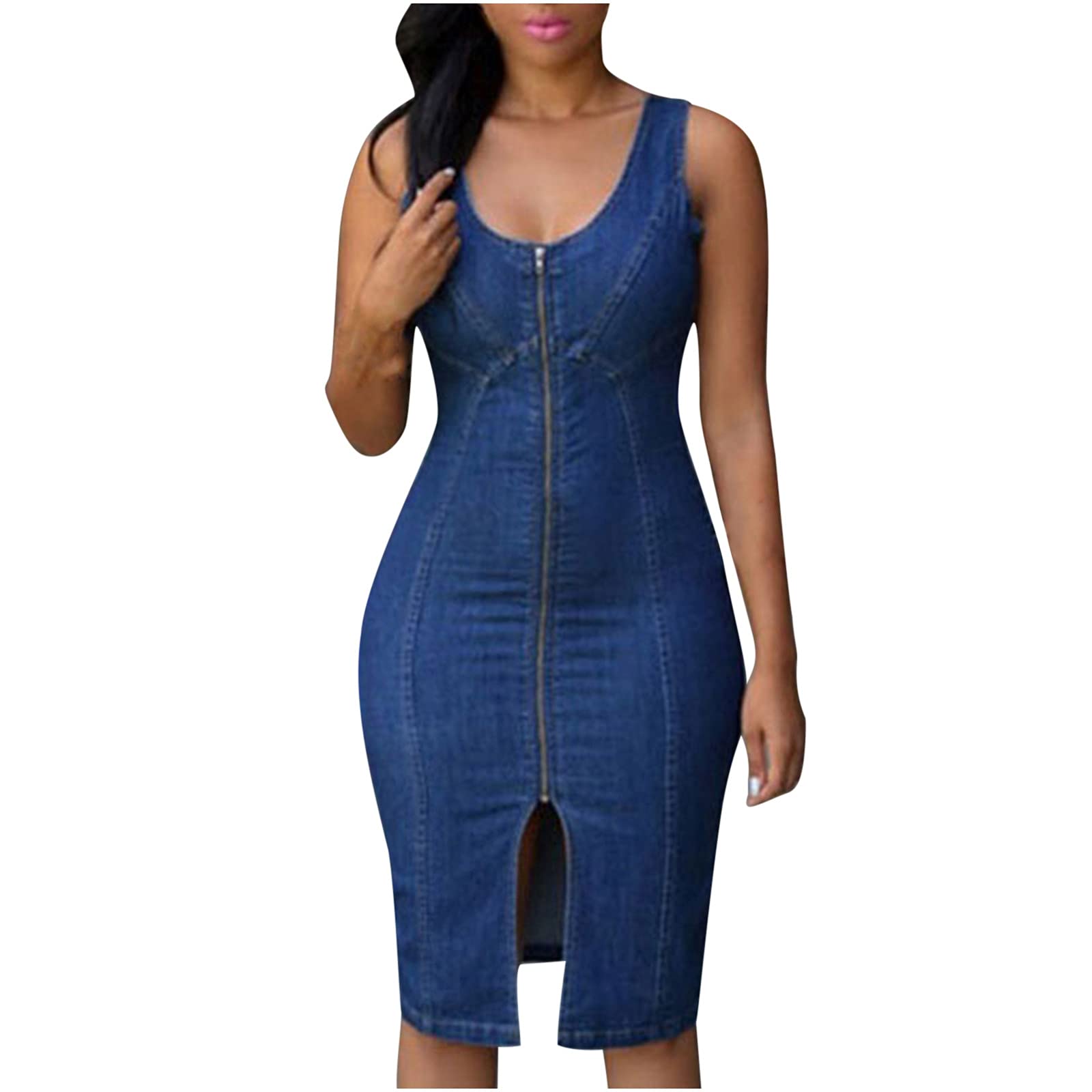 Women's Elegant V-Neck Bodycon Denim Dress - Sleeveless Zipper Party Club Mini Dress with High Slit | Perfect for Night Out, Date Night & Special Occasions