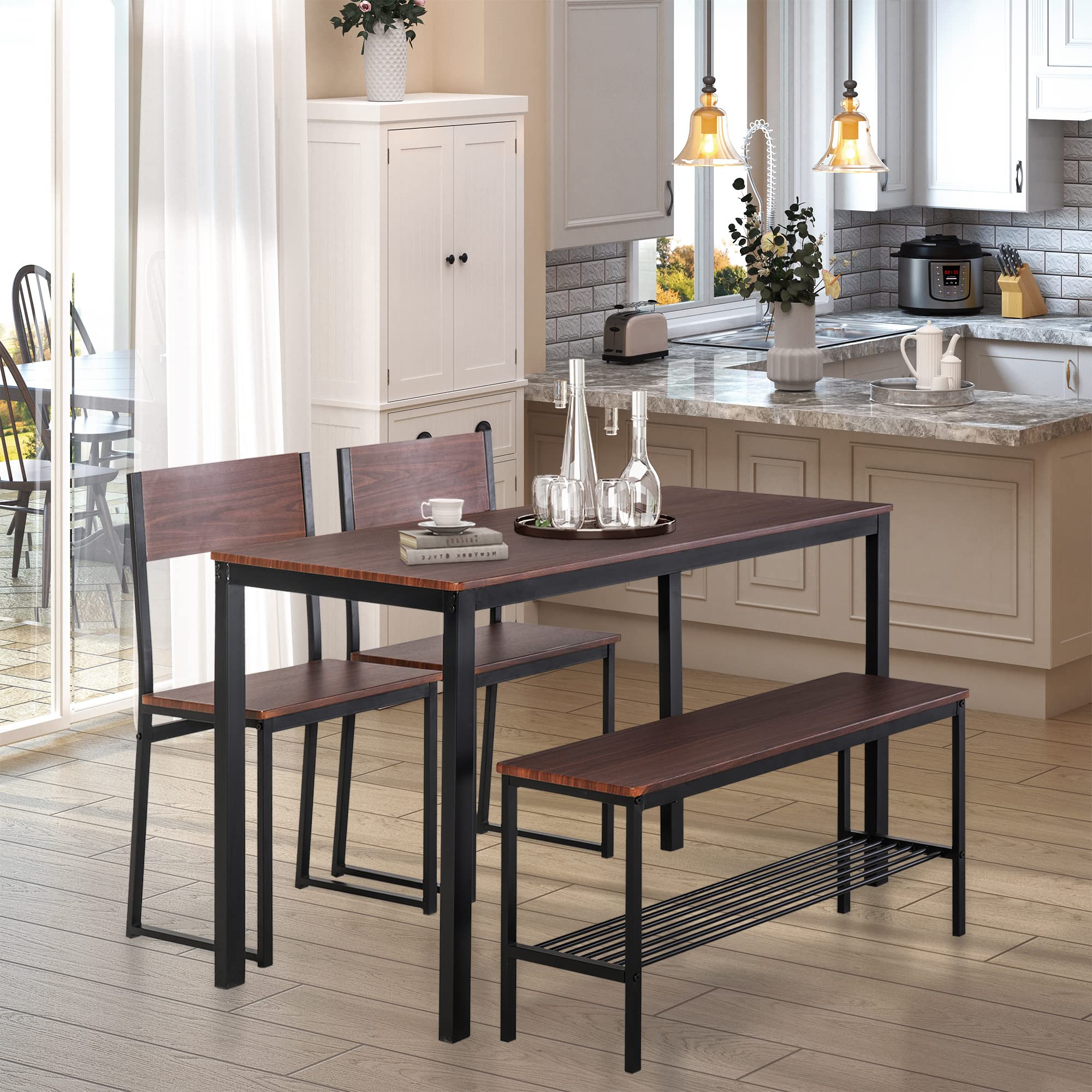 HOMCOM 4-Piece Industrial Dining Set with Bench, Wooden Kitchen Table & Chairs, Storage Rack, Black/Brown – Perfect for Kitchen, Dinette, and Small Spaces
