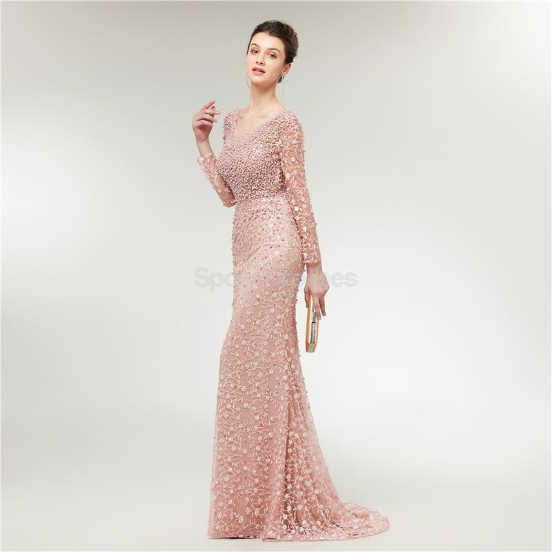 Elegant Long Sleeve Lace Mermaid Peach Evening Gown - Formal Prom Dress for Women | Perfect for Evening Parties, Prom Nights & Special Occasions