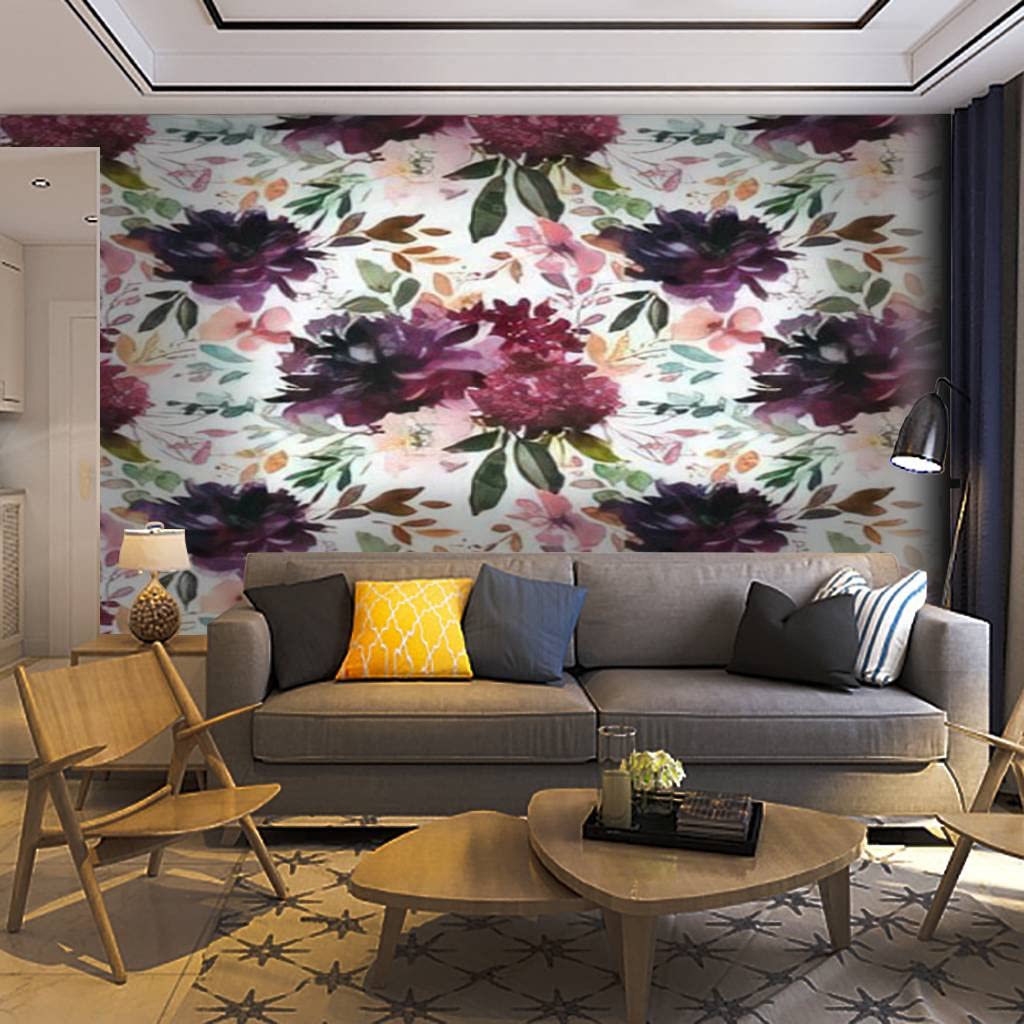 Self-Adhesive Removable Watercolor Floral Wallpaper - Purple Plum Maroon Burgundy Peony Rose Peel & Stick Wall Mural for Living Room, Bedroom, Nursery Decor | Easy Home Craft Decal Sticker
