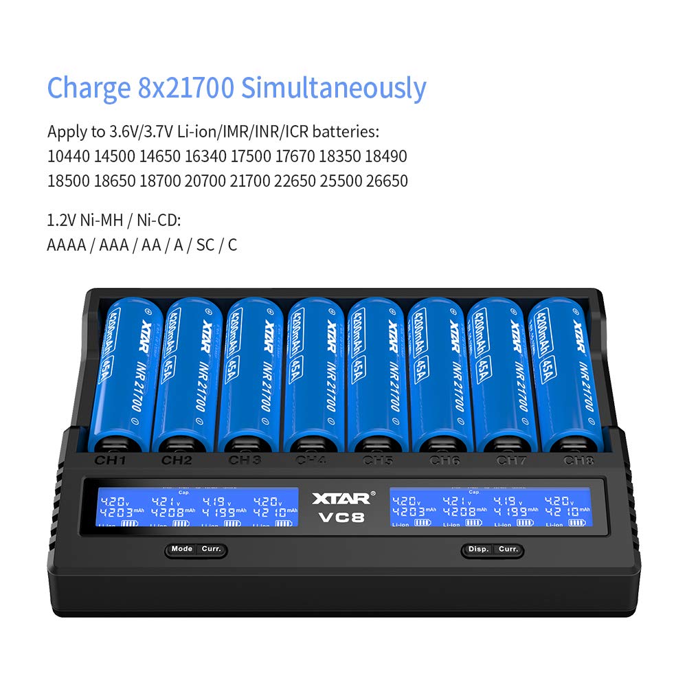 XTAR VC8 8-Bay USB C Battery Charger - 3A Fast Charging, LCD Display for 3.6V/3.7V Li-ion & 1.2V Ni-MH Batteries (Batteries Not Included) | Perfect for Vaping, Flashlights, and Electronic Devices