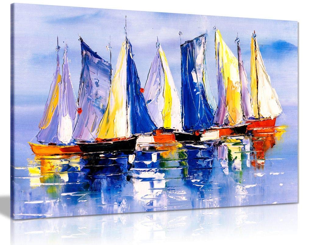 Boats in Sea Oil Painting Canvas Wall Art Print - 36x24 Inches - Nautical Decor for Living Room, Bedroom & Office
