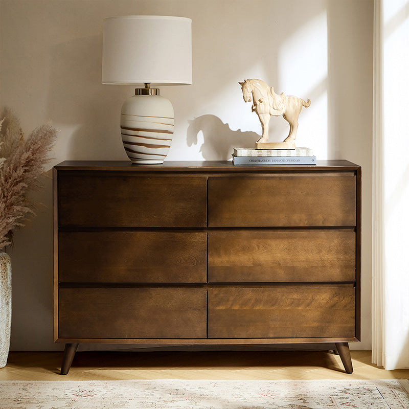 Apollone Mid Century 6-Drawer Dresser with Solid Wood Legs - Vintage Style Bedroom Storage for Clothes & Accessories
