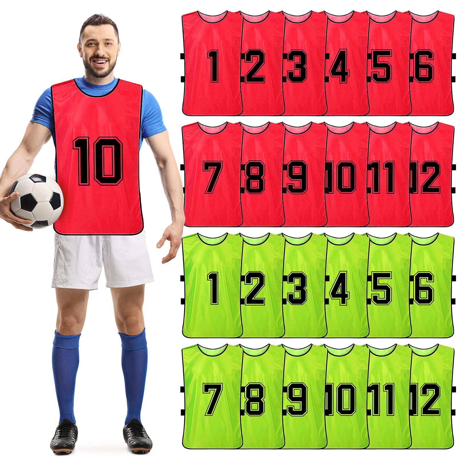 24-Pack Reversible Scrimmage Vests for Soccer, Basketball & Football - Numbered Training Bibs/Pinnies for Team Sports Practice and Gym Class