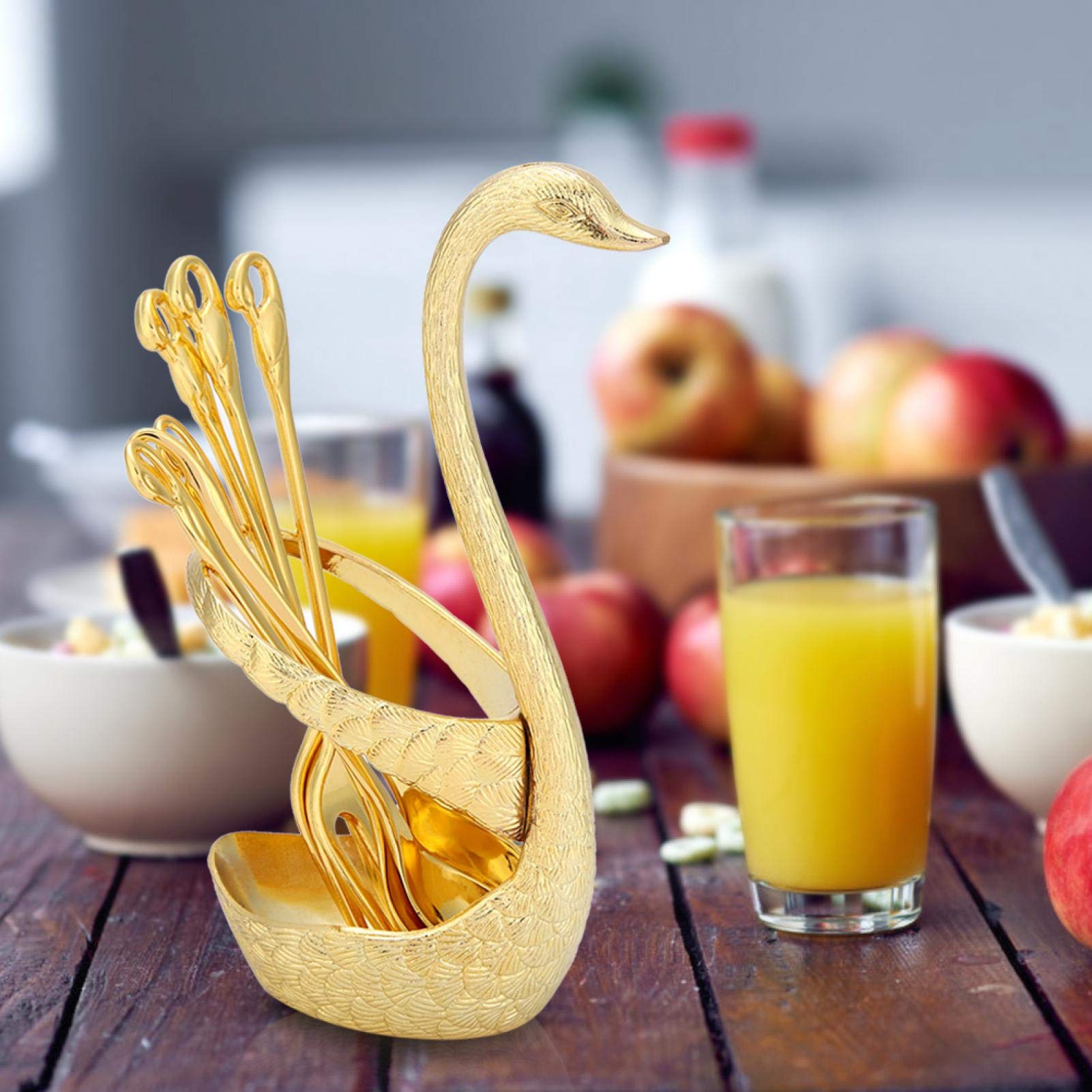 Elegant Swan-Shaped Metal Flatware Set - 3 Forks & 3 Spoons with Gold Holder for Coffee, Dessert, Dinner & Fruit | Stylish Tableware for Parties, Weddings & Home Decor