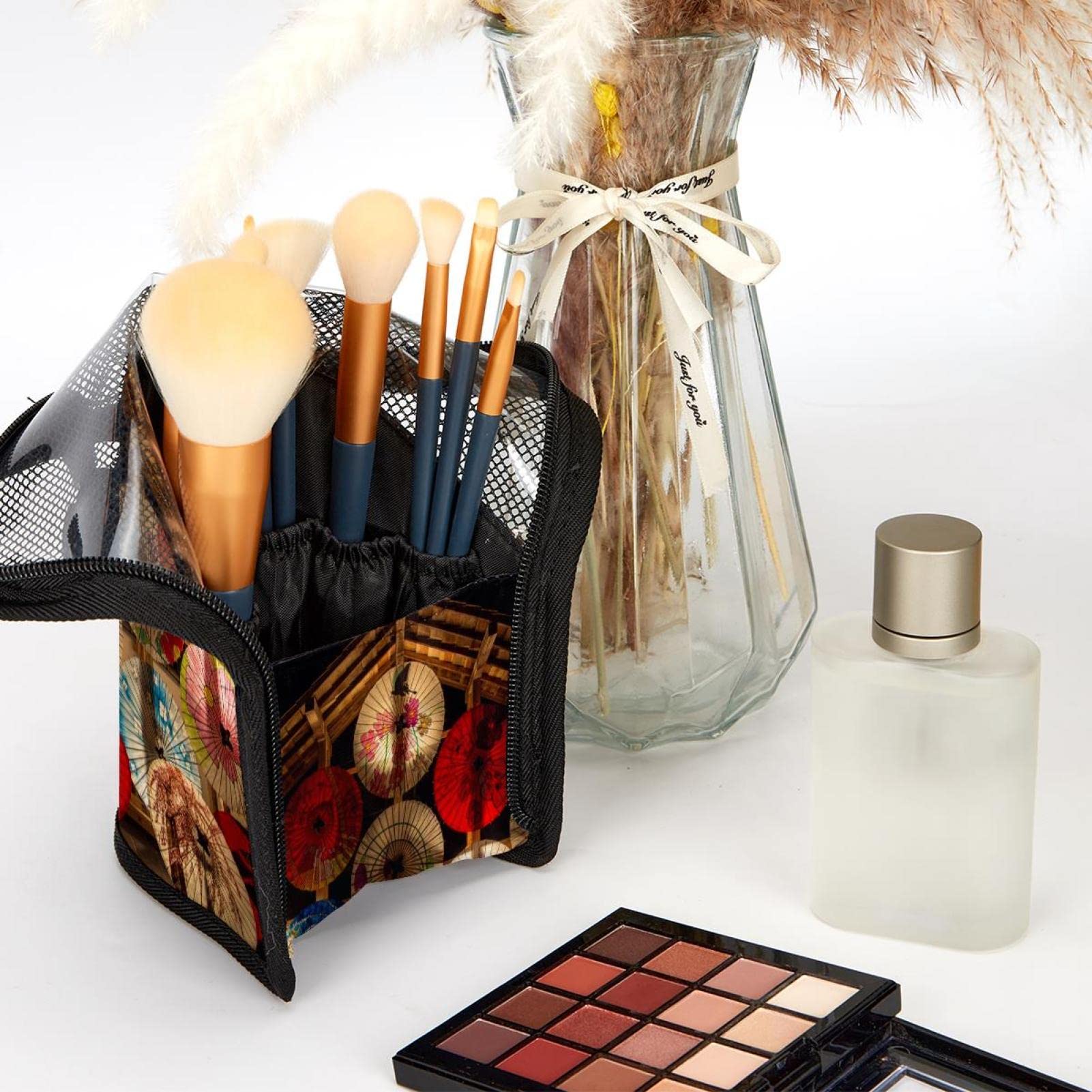 Premium 12-Piece Makeup Brush Organizer Bag with Ancient Paper Umbrella - Portable Cosmetic Brush Holder Case for Travel, Home Vanity & Professional Makeup Artists