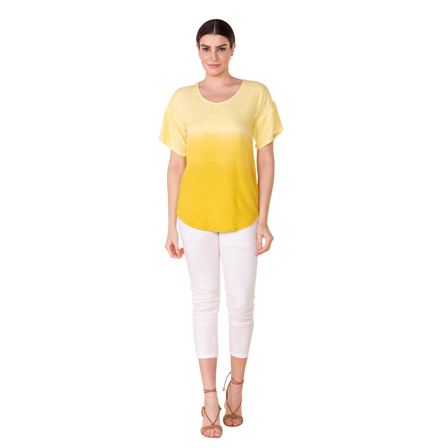 TAMSY Women's Green Rayon Ombre Blouse - Breathable Short Sleeve Round Neck T-Shirt for Summer Casual Wear, Outdoor Activities & Vacation Outfits