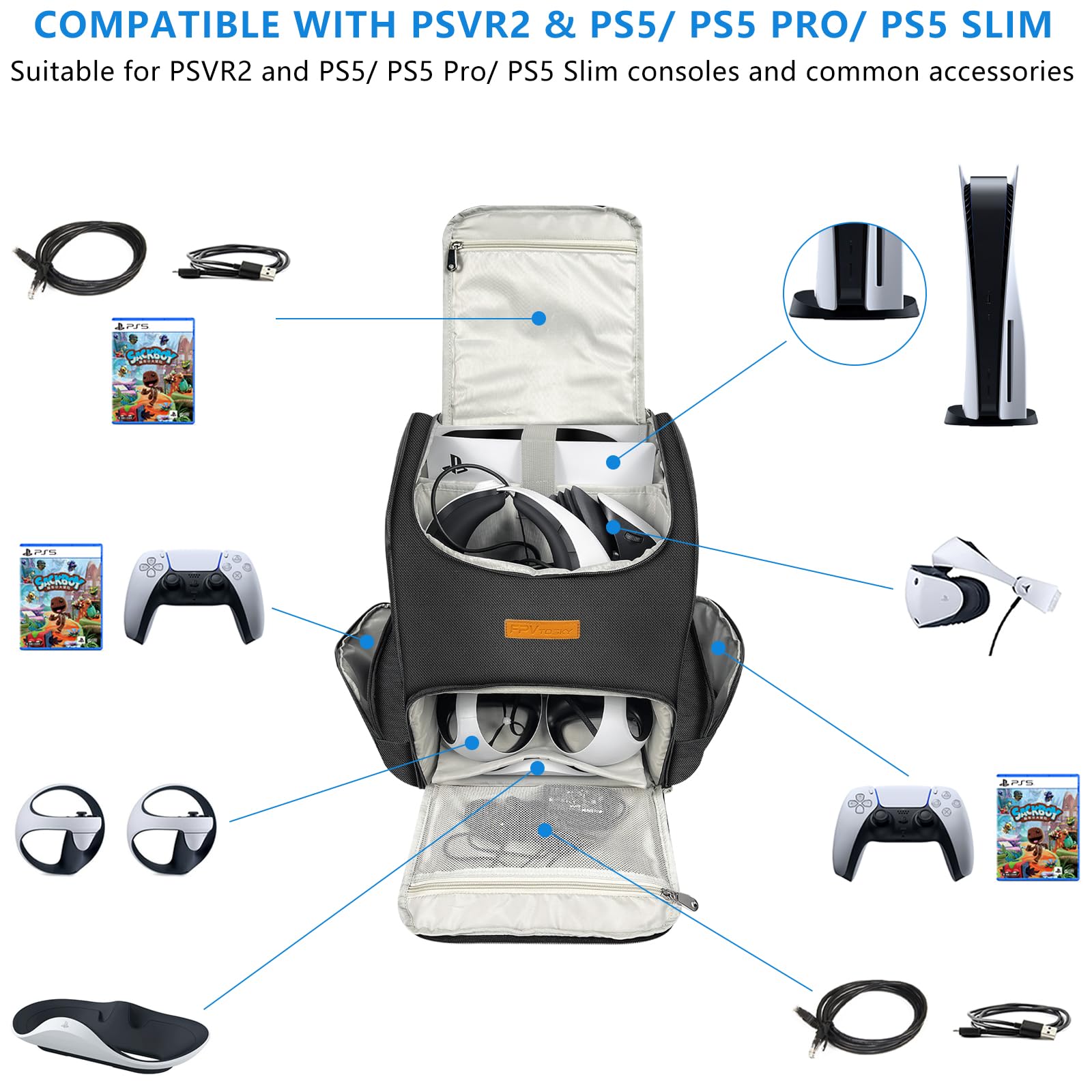FPVtosky 2-in-1 Large Travel Backpack for PS5 Pro & PSVR2 - Protective Storage Carrying Case Compatible with Playstation 5, PS5 Slim, PS5 Pro & PS VR2 Accessories - Perfect for Gaming Travel & Console Protection