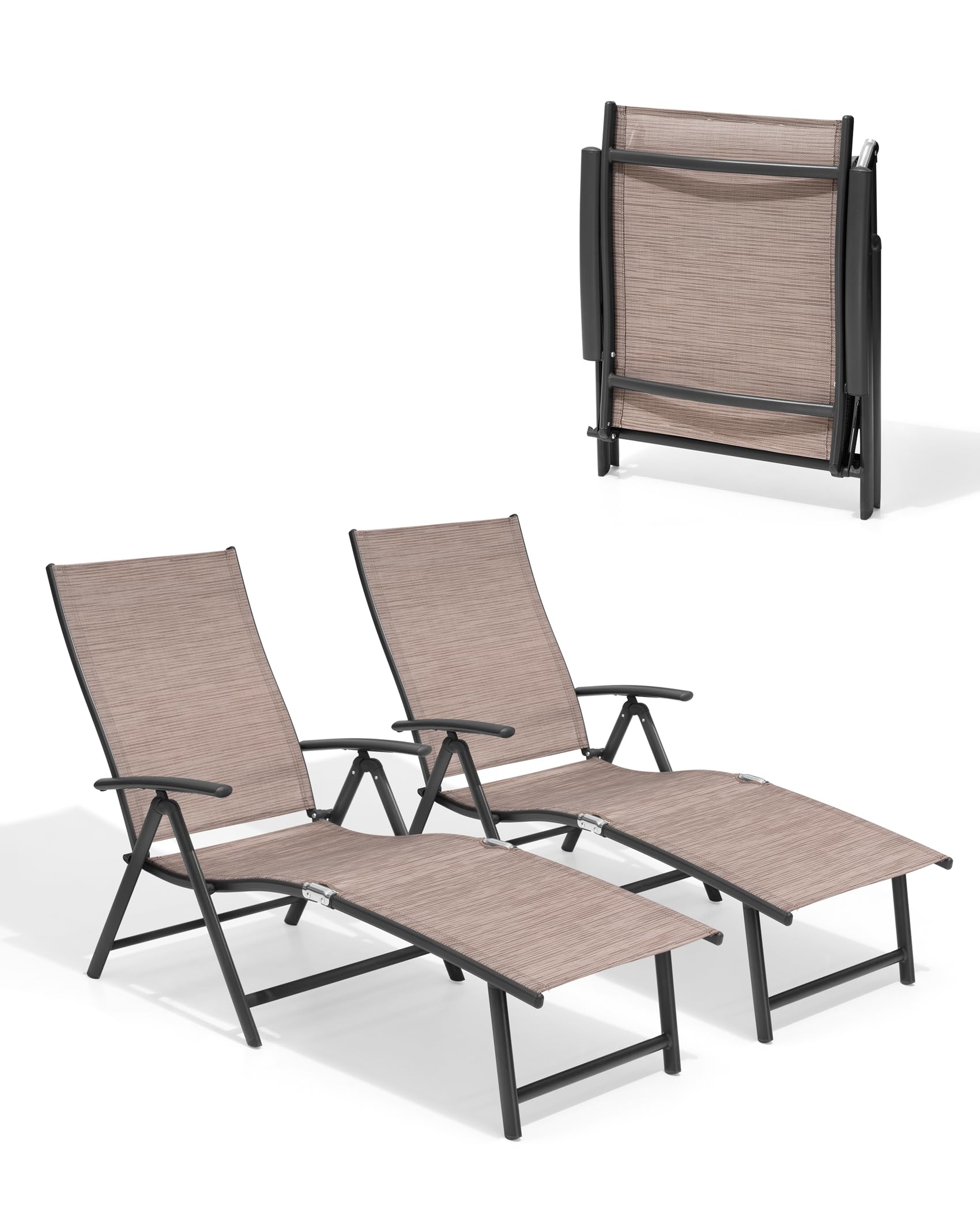Pellebant Outdoor Chaise Lounge Set of 2 - Adjustable Aluminum Pool Lounge Chairs with Footrest | Foldable Patio Furniture for Beach, Poolside, Deck & Backyard Relaxation (2-Piece Set, Espresso Brown) - Perfect for Sunbathing, Vacation Resorts & Outdoor Lounging