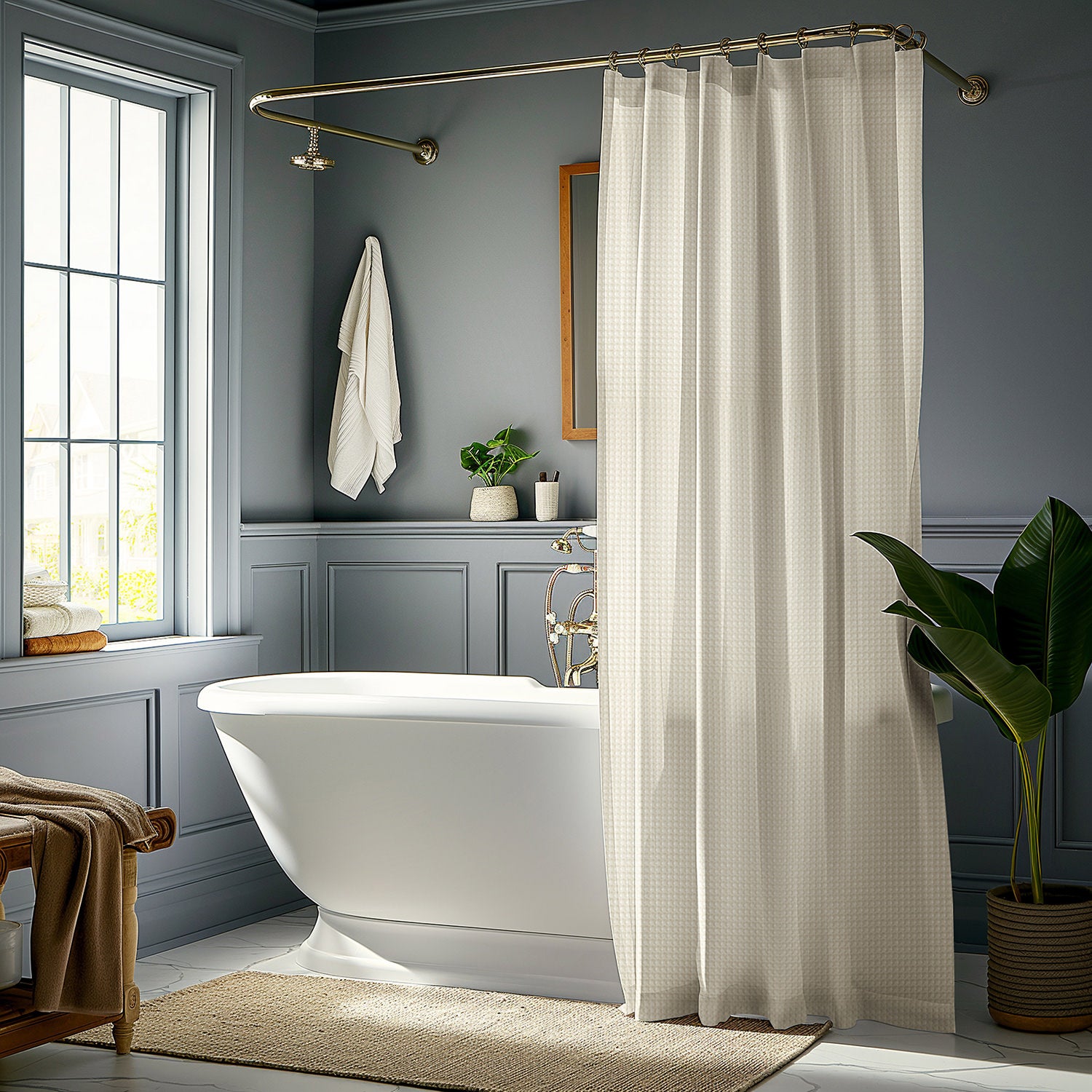 Light Beige Modern Waffle Heavyweight Fabric Shower Curtain - Waterproof Bathroom Decor for Farmhouse, Hotel & Home Use