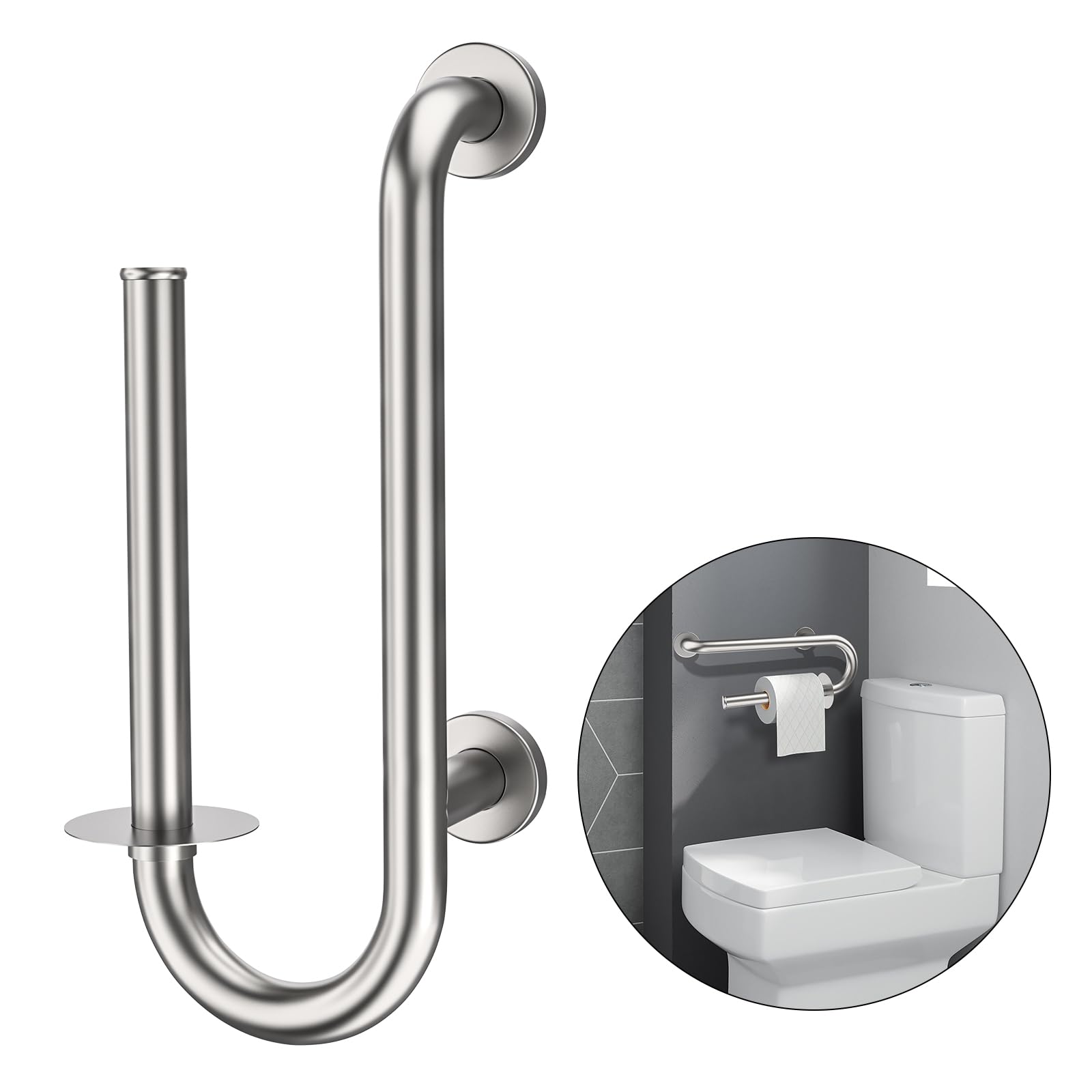 16 Inch Stainless Steel Grab Bar Toilet Paper Holder - Brushed Nickel Bathroom Safety Support Bar for Seniors & Handicap Accessible - Ideal for Elderly Bathroom Safety & ADA Compliant Toilet Assistance