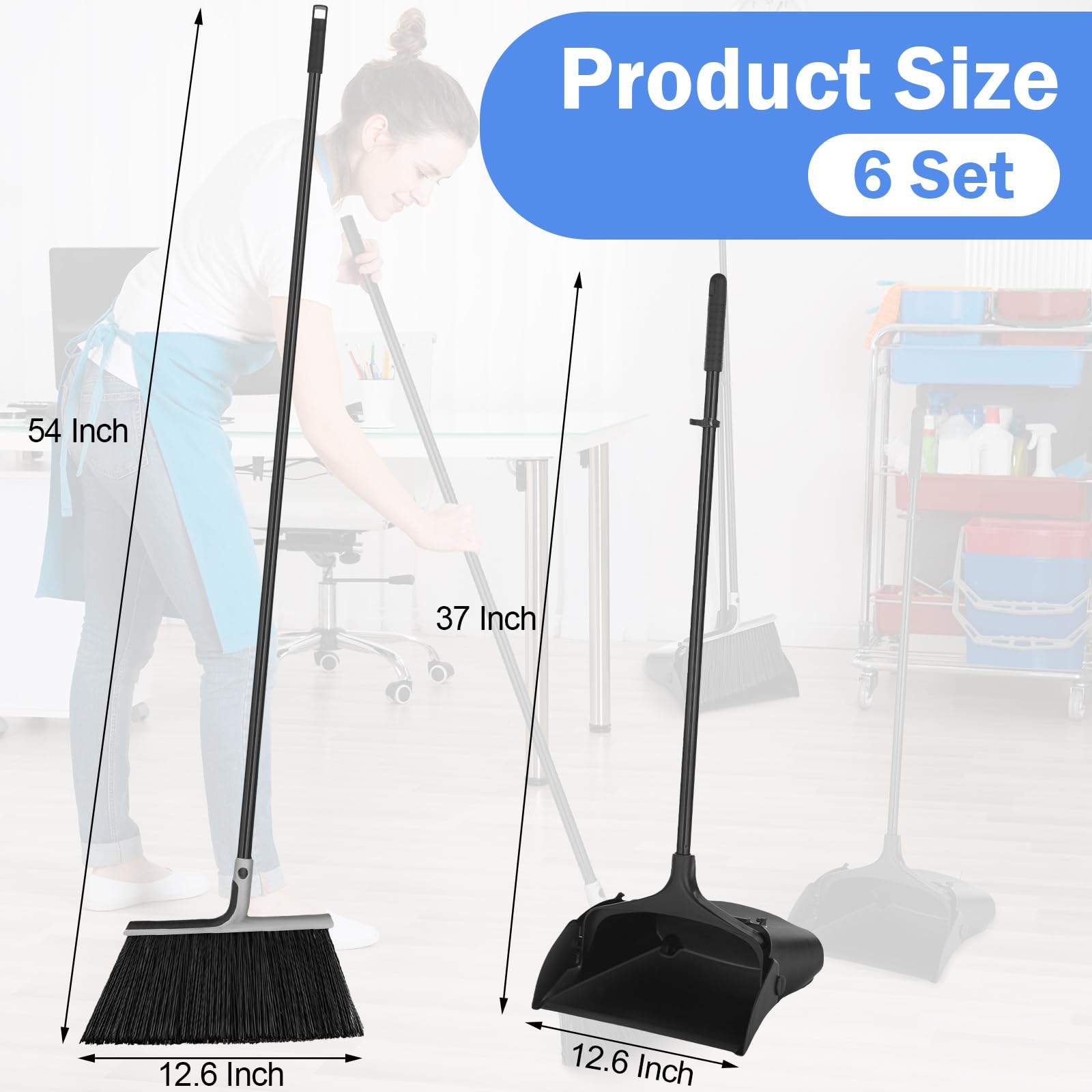**6-Piece Broom and Dustpan Set with 54-Inch Long Handle - Heavy-Duty Commercial Plastic Upright Dustpan for Floor Cleaning - Ideal for Home, Office, Restaurant, Indoor & Outdoor Use**