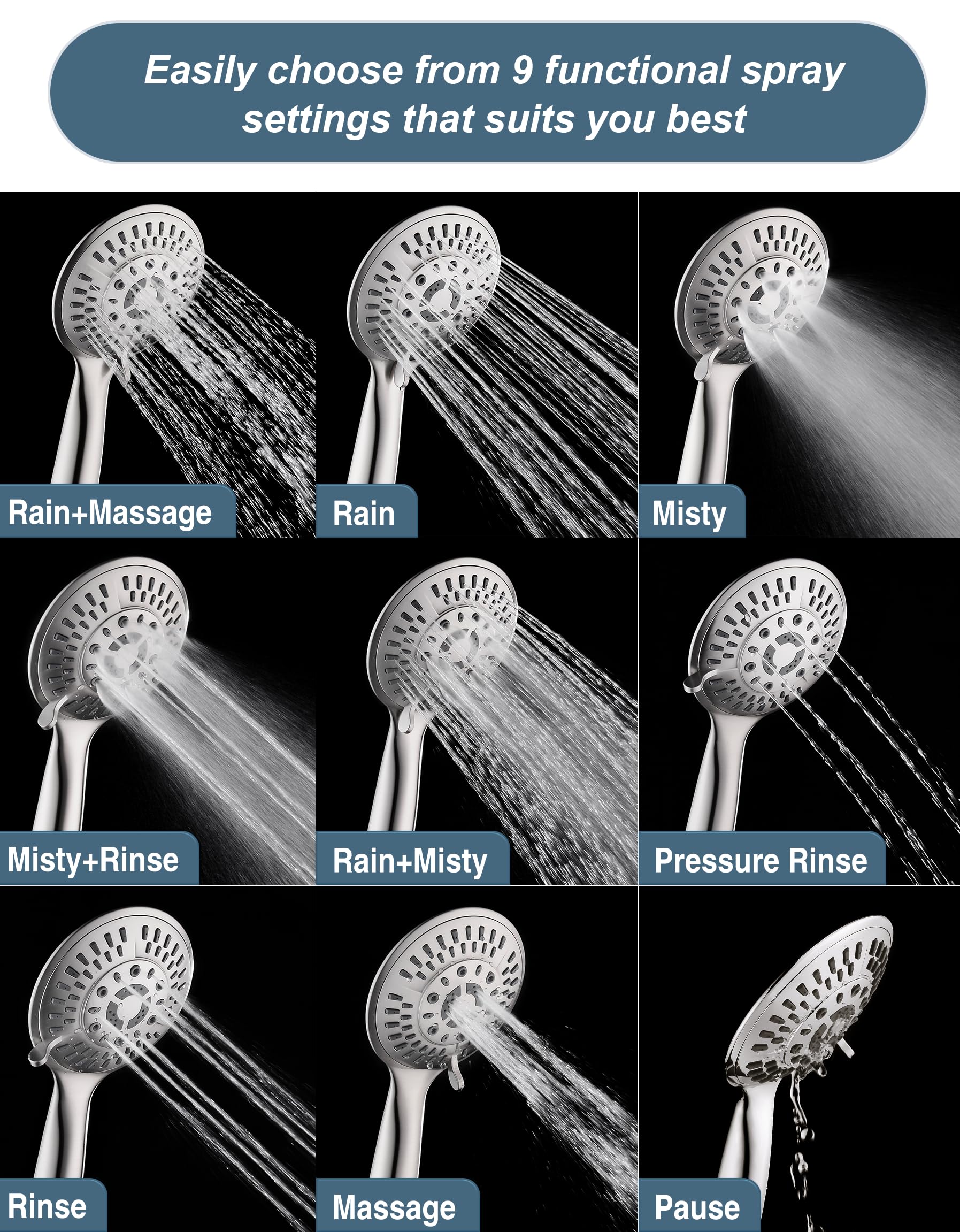 BRIGHT SHOWERS Brushed Nickel Shower Faucet Set - Double Handle Shower System with Rainfall Shower Head & 9-Setting Handheld Spray Combo, Includes Shower Valve Trim Kit | Perfect for Bathroom Remodeling & Spa-Like Shower Experience