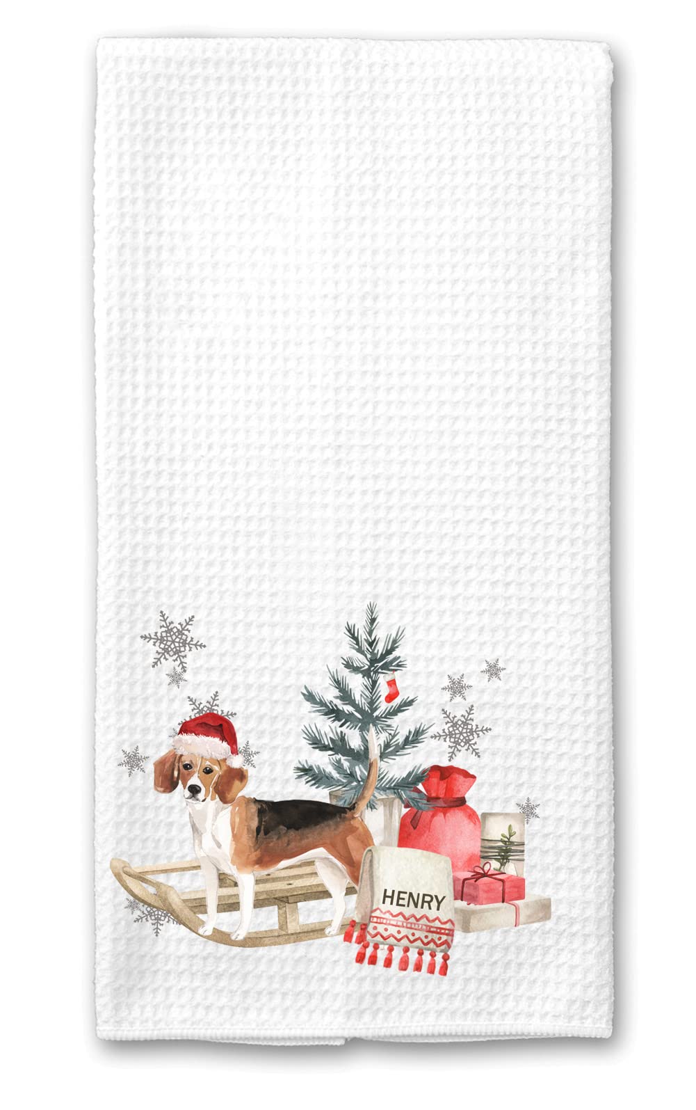 Personalized Beagle Christmas Dog on a Sled Kitchen Waffle Towel - Custom Dog Breed Gift for Dog Lovers, Housewarming, Hostess (White) - Perfect for Holiday Decor, Kitchen Use & Thoughtful Gifting